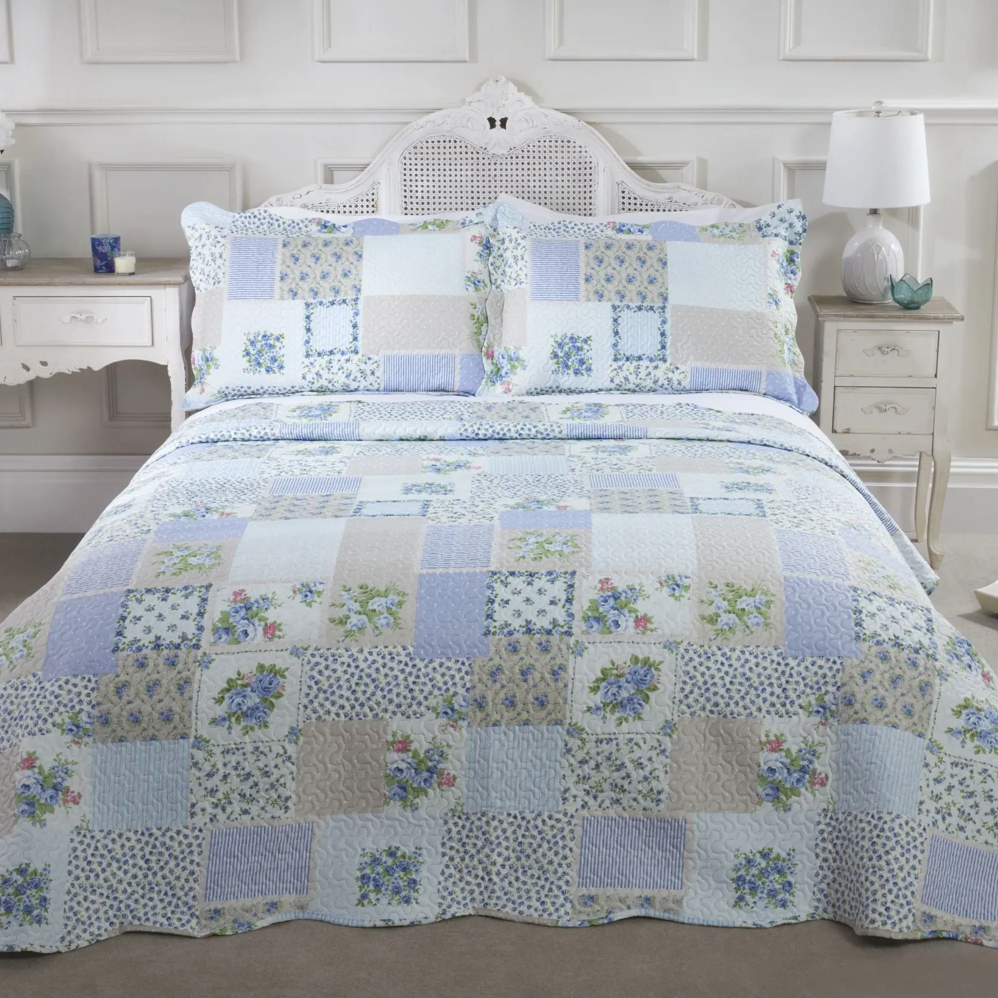 King Size Quilted Bedspread Set - Blue, Microfiber