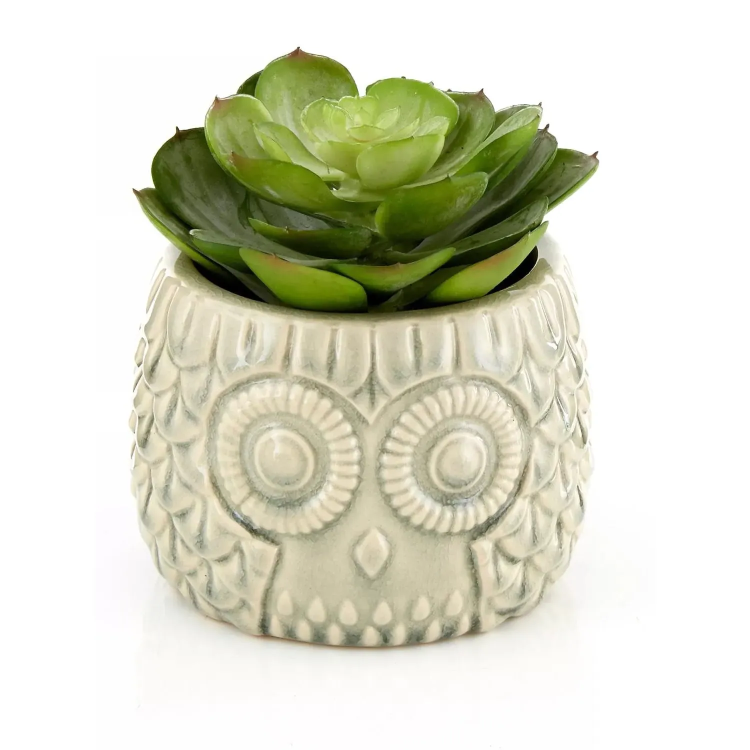 Large Faux Succulent in Owl Pot - Grey, Ceramic