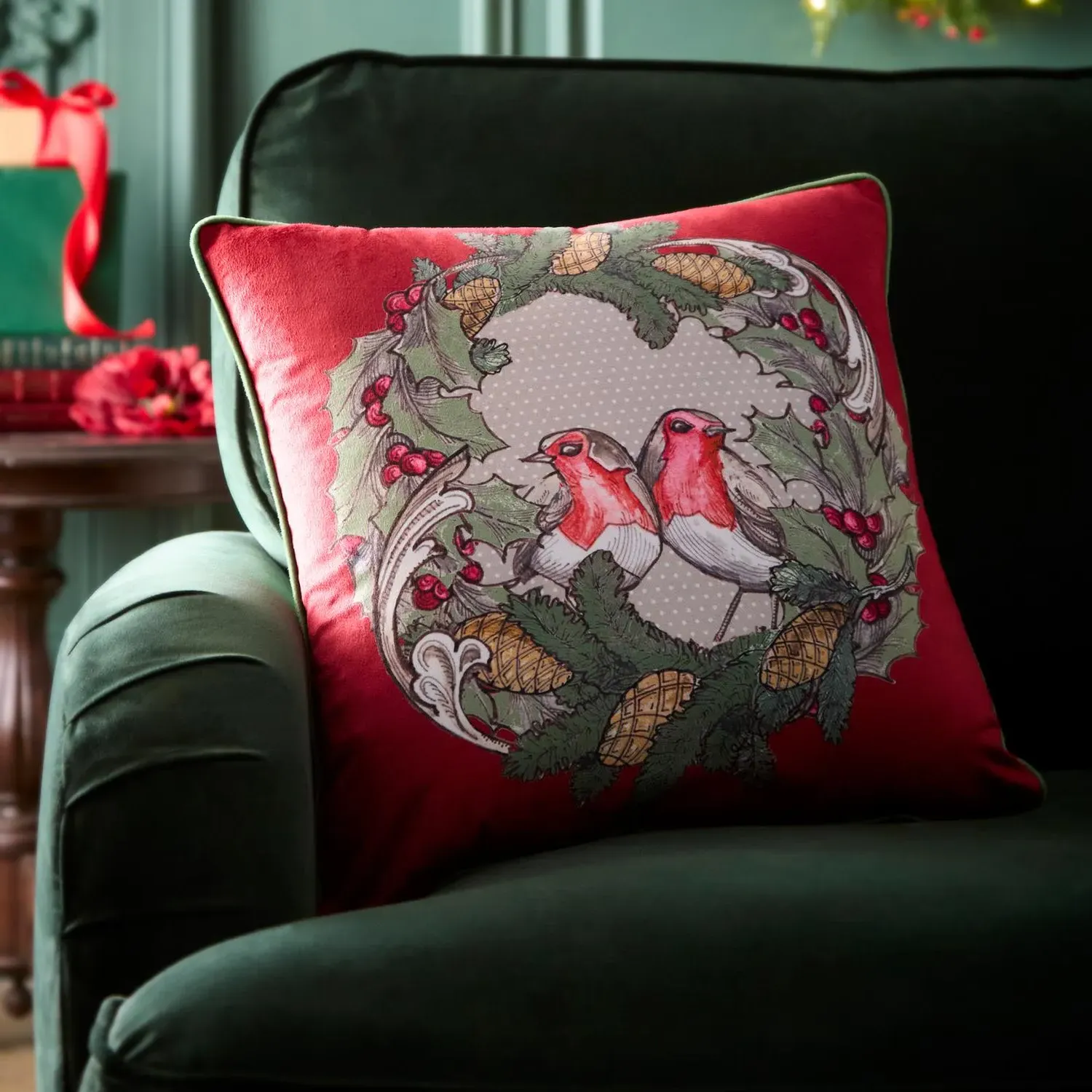 Laurence Llewelyn-Bowen Festive Robin Velvet Cushion - Red by Julian Charles, alternate view