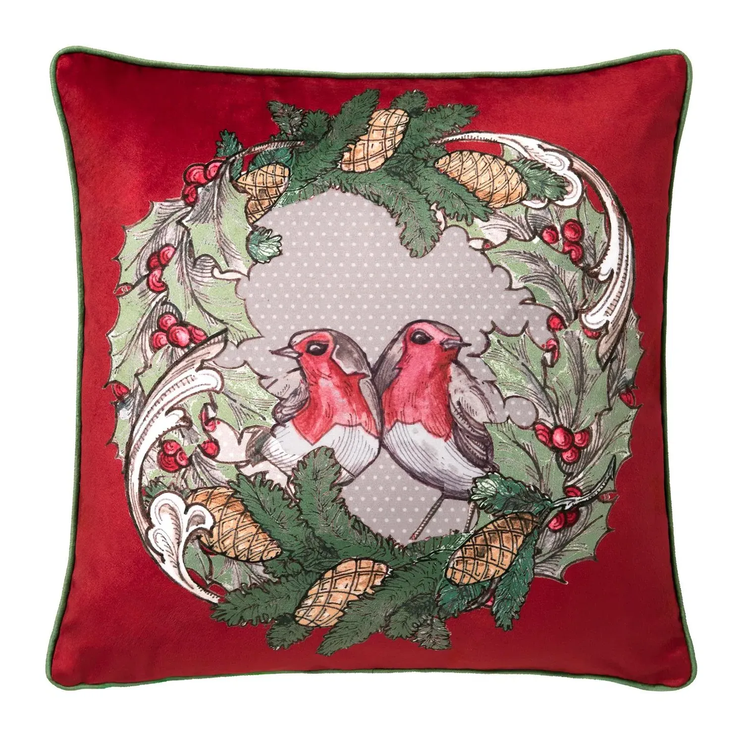 Laurence Llewelyn-Bowen Festive Robin Velvet Cushion - Red by Julian Charles