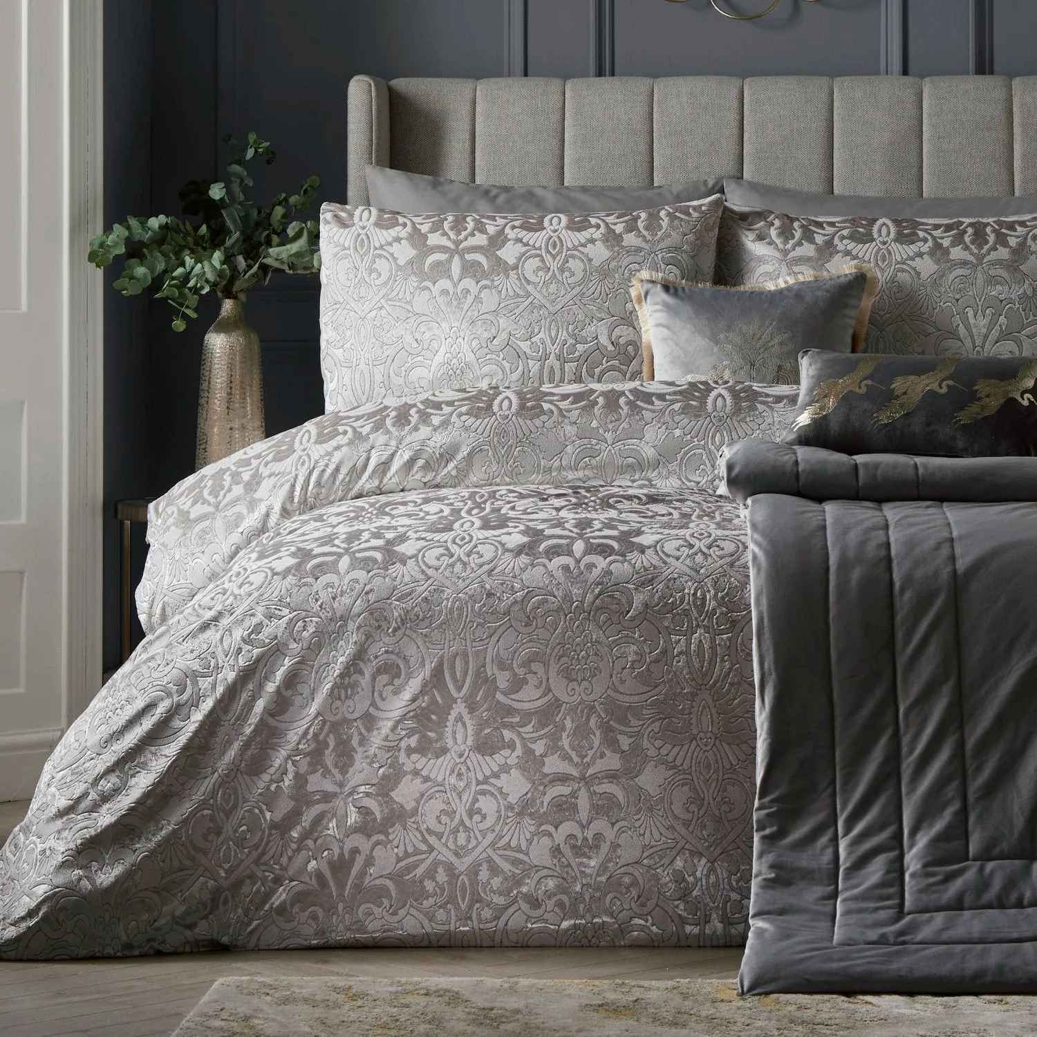 Double Duvet Set Damask Pattern - Grey, Velvet product
