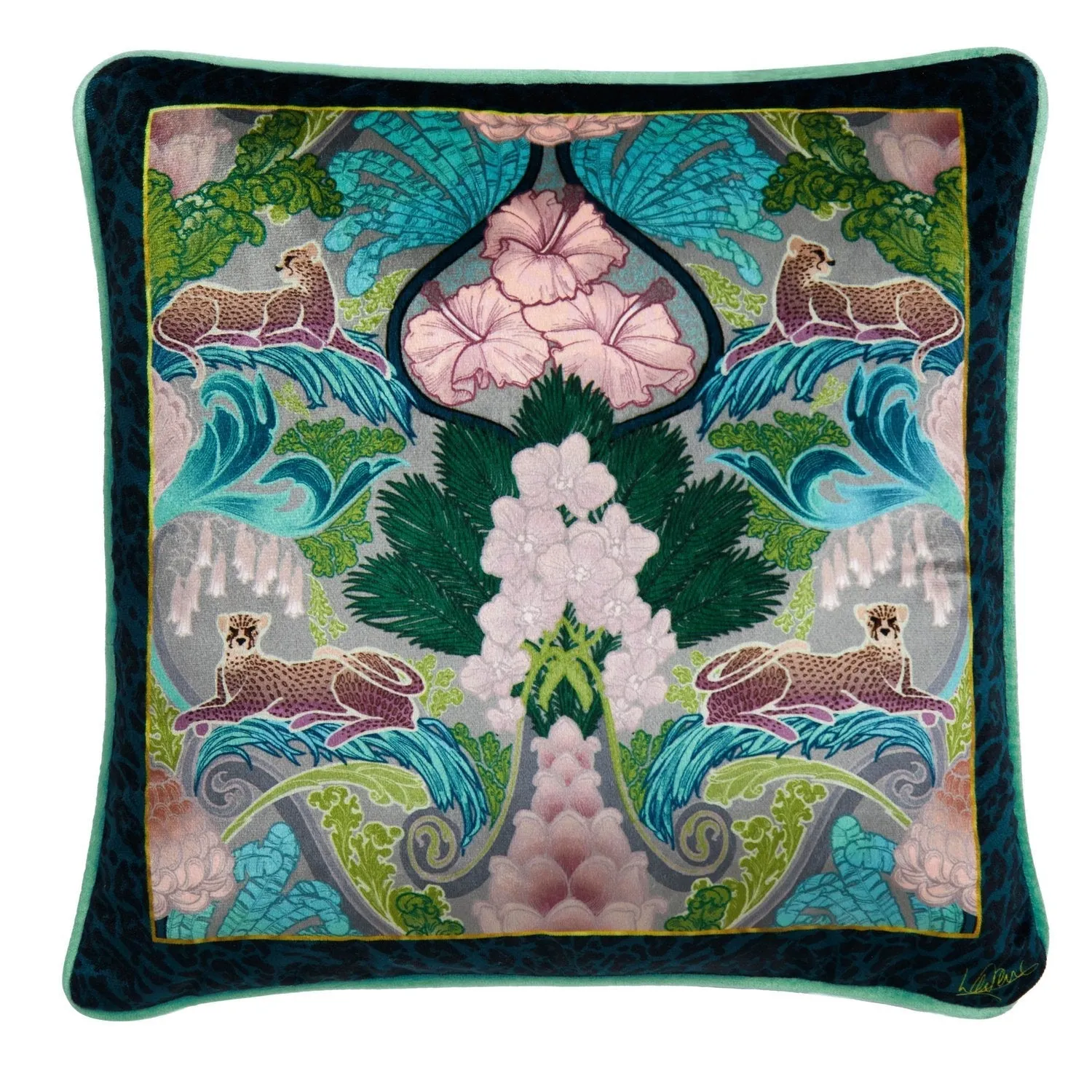 Square Cushion with Piping - Teal, Velvet alternate view