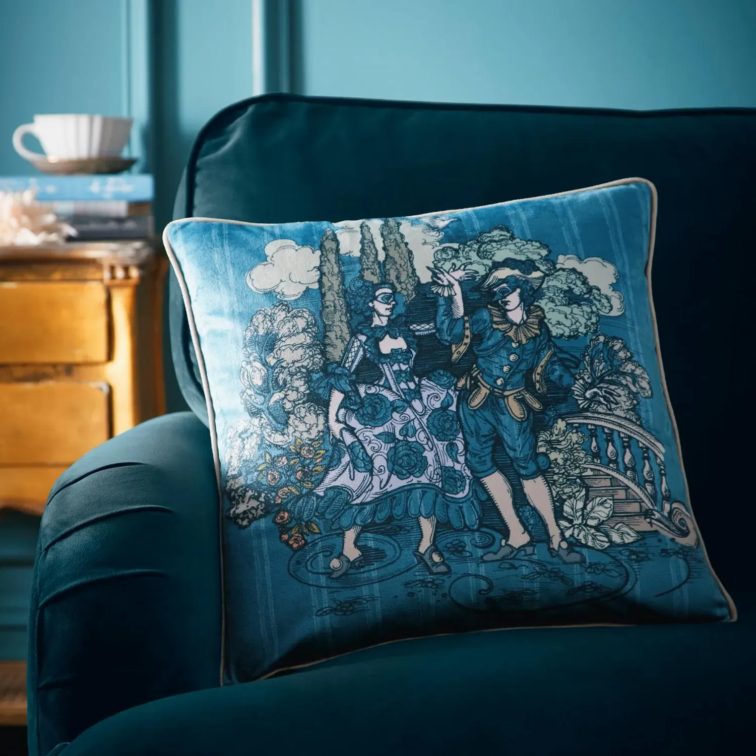 Laurence Llewelyn-Bowen Tuscan Toile Velvet Cushion - Blue by Julian Charles
