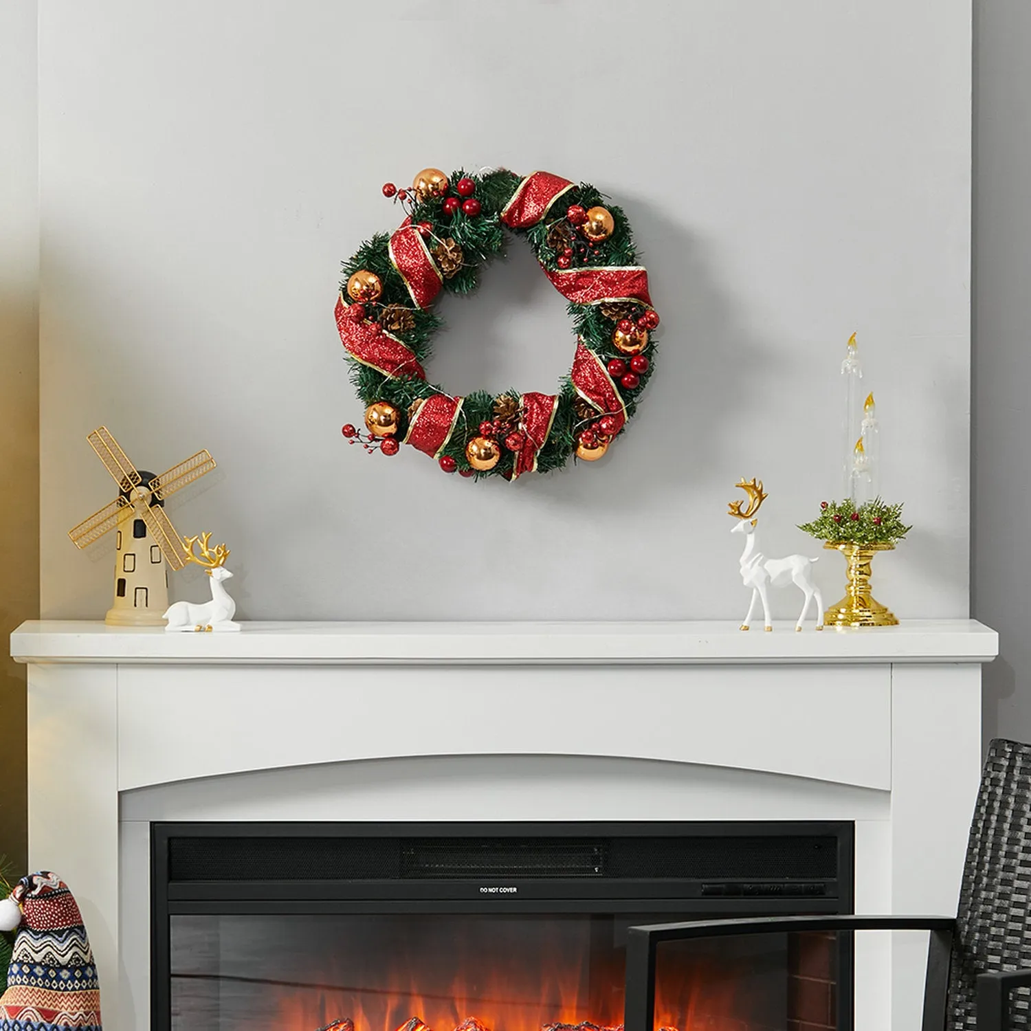 LED Christmas Wreath with Pine Cones - Red by Julian Charles, alternate view