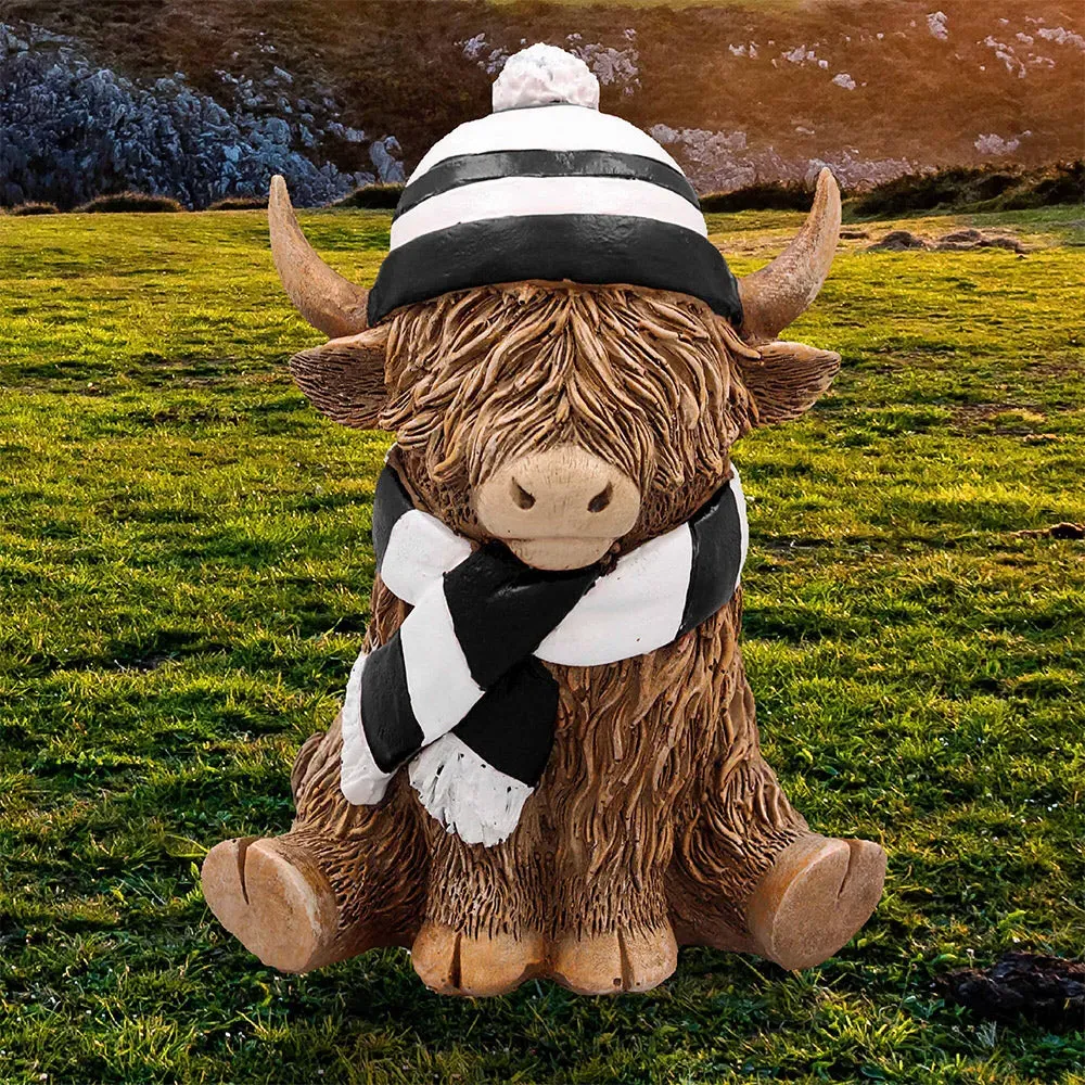 Leonardo Highland Cow Ornament - Black & White Hat and Scarf, Ceramic by Julian Charles