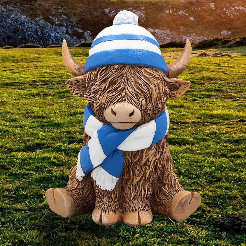 Leonardo Highland Cow Ornament - Blue Hat and Scarf, Ceramic by Julian Charles