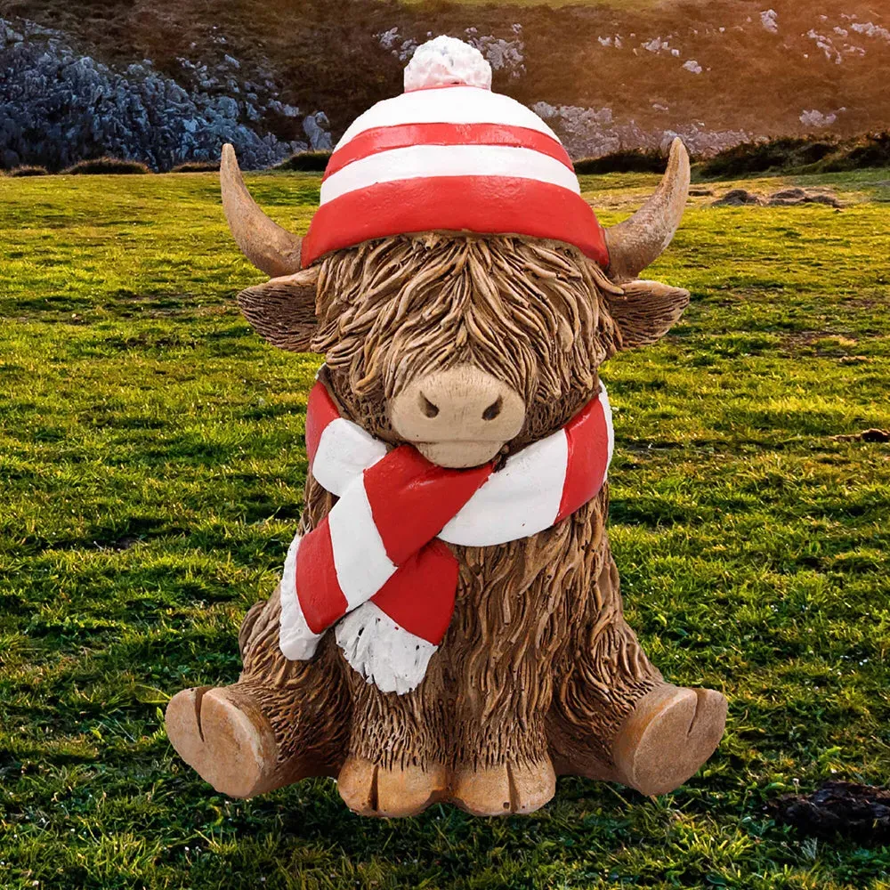 Leonardo Highland Cow Ornament - Red Hat and Scarf, Ceramic by Julian Charles