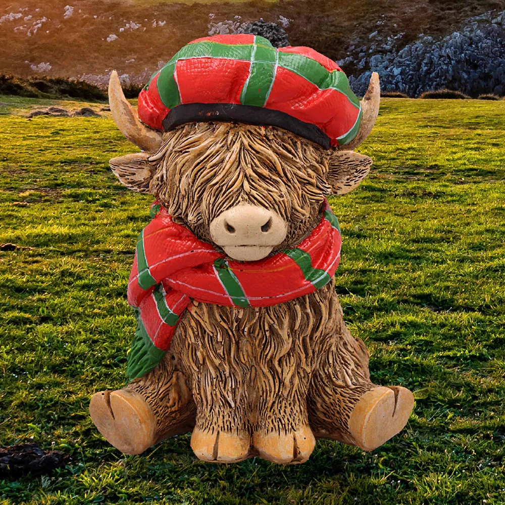 Leonardo Highland Cow Ornament - Tartan Hat and Scarf, Ceramic by Julian Charles