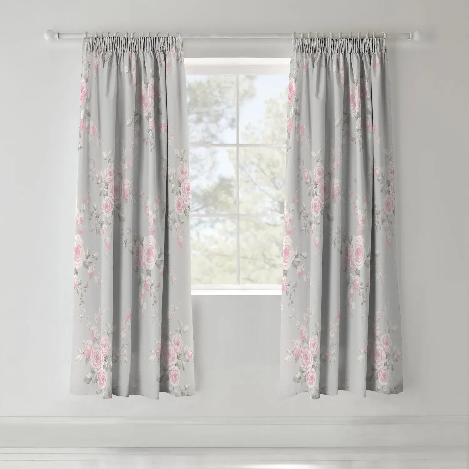 Lined Curtains Floral - Grey, Cotton