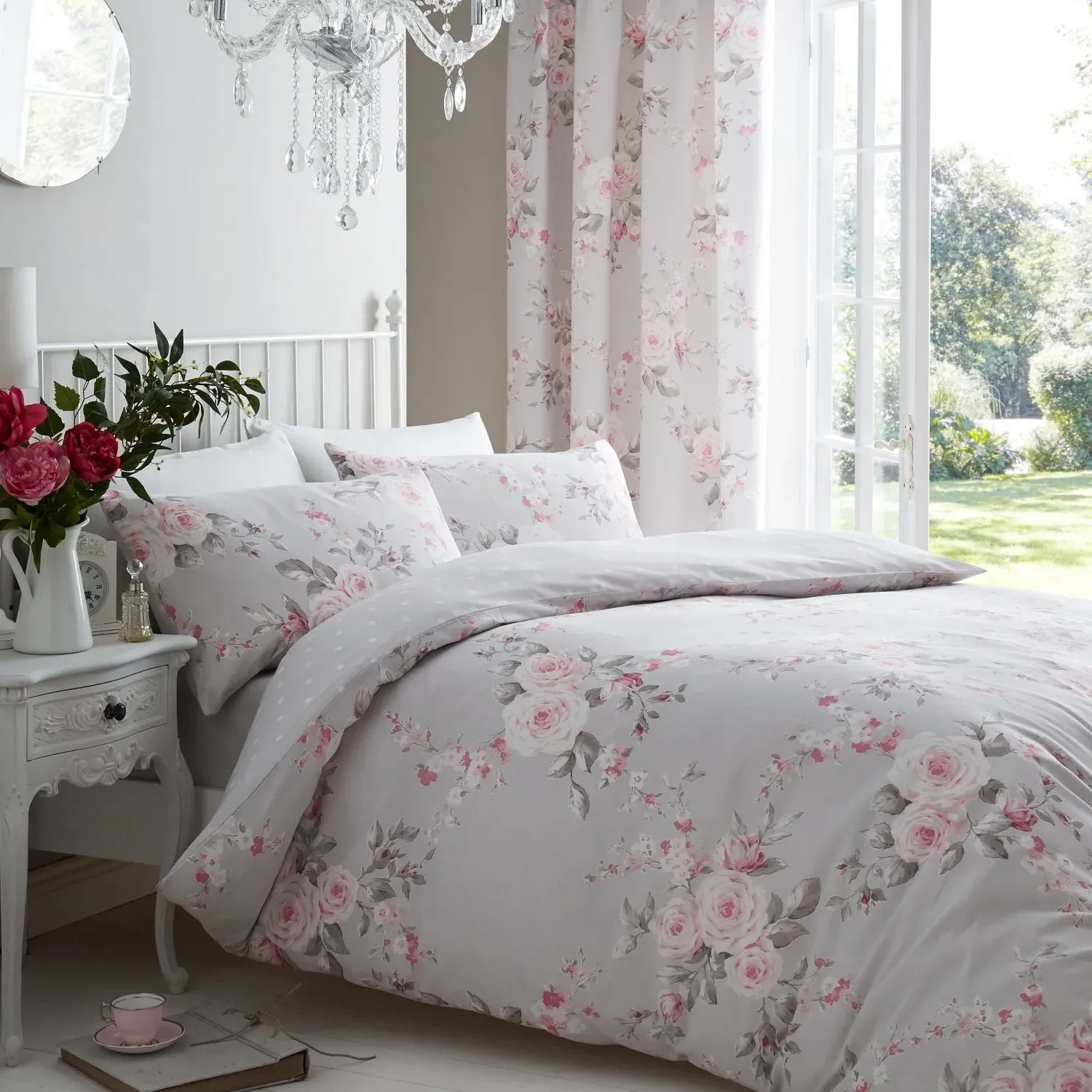 Lined Curtains Floral - Grey, Cotton