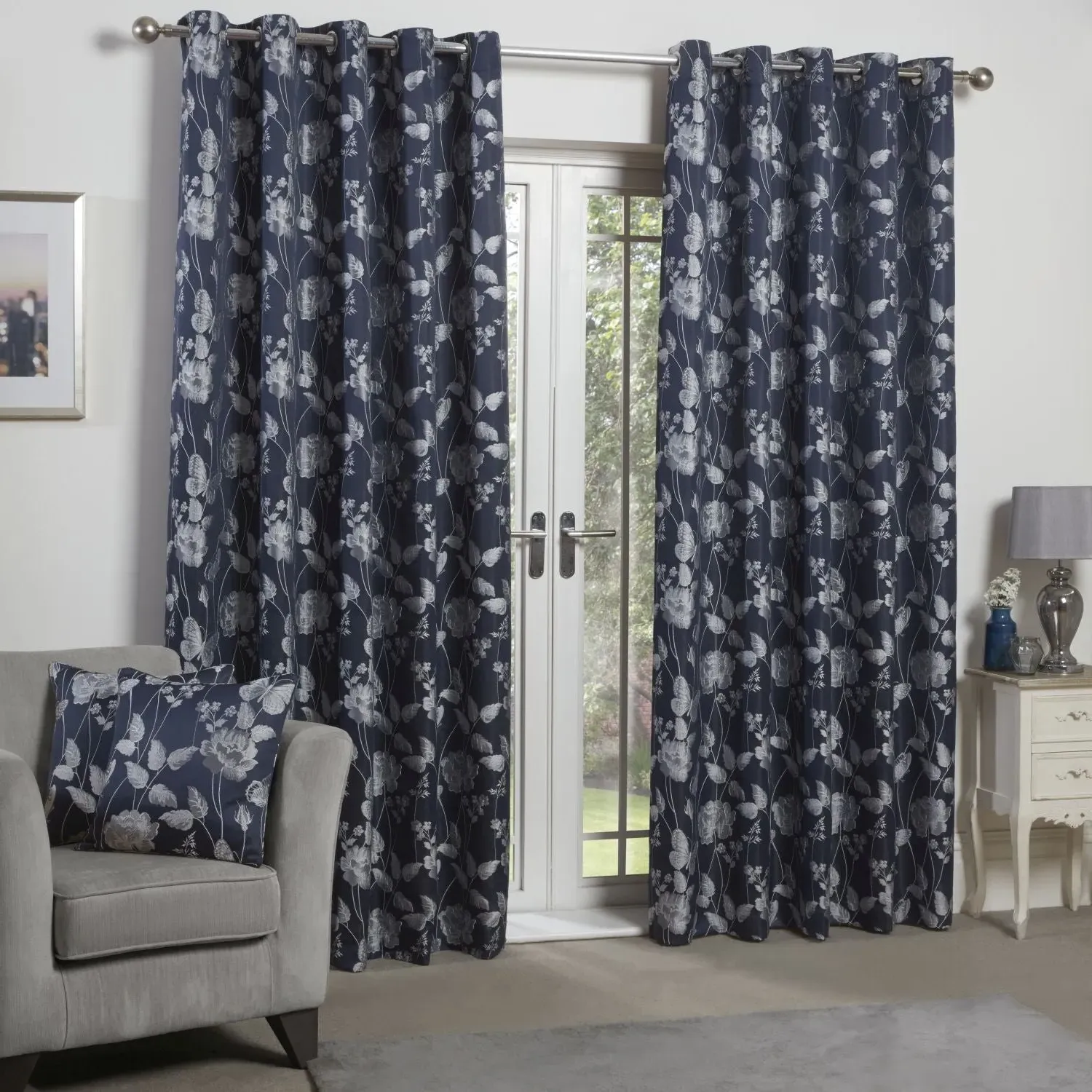 Lined Eyelet Curtains with Butterfly Design - Blue