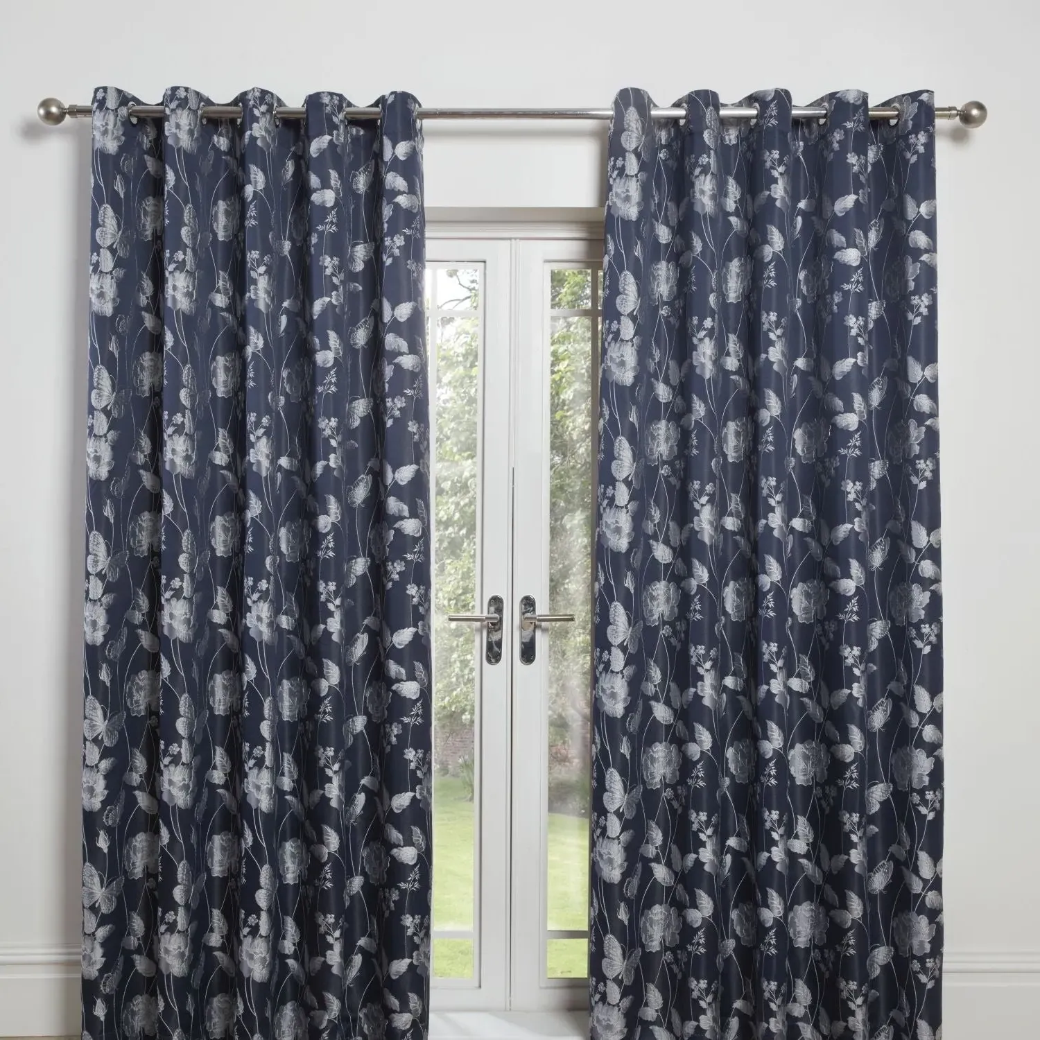 Lined Eyelet Curtains with Butterfly Design - Blue image