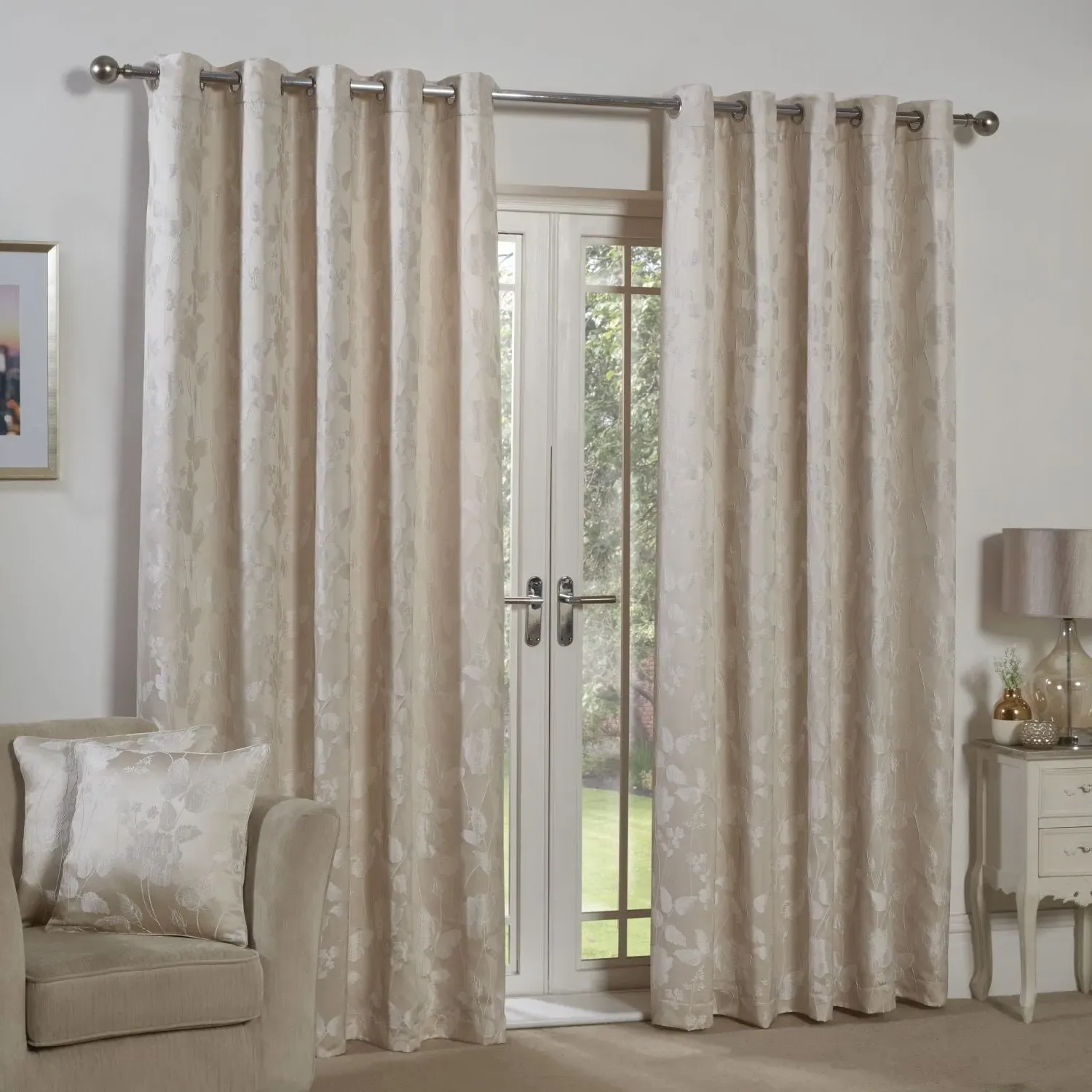 Lined Eyelet Curtains with Butterfly Design - Cream