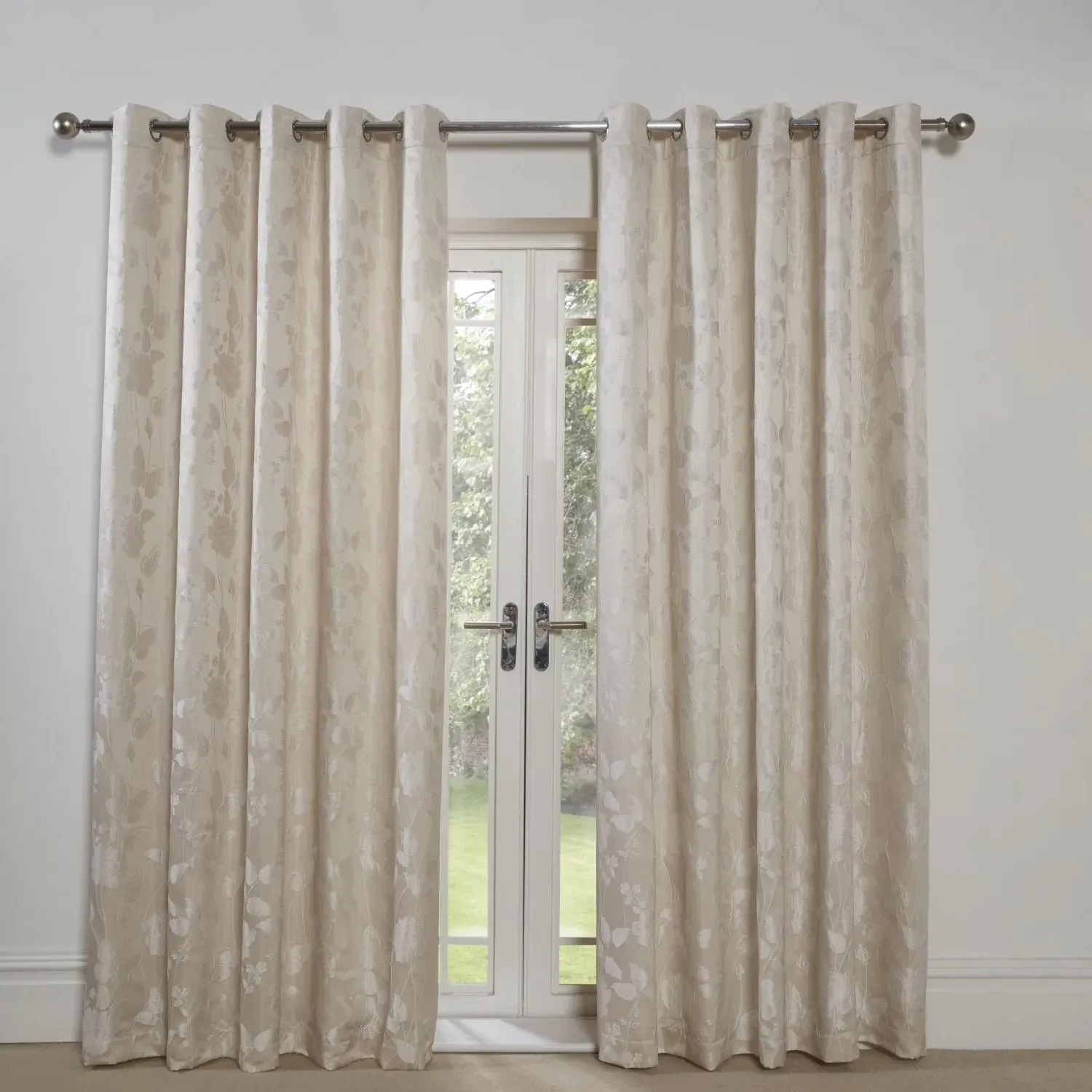 Lined Eyelet Curtains with Butterfly Design - Cream