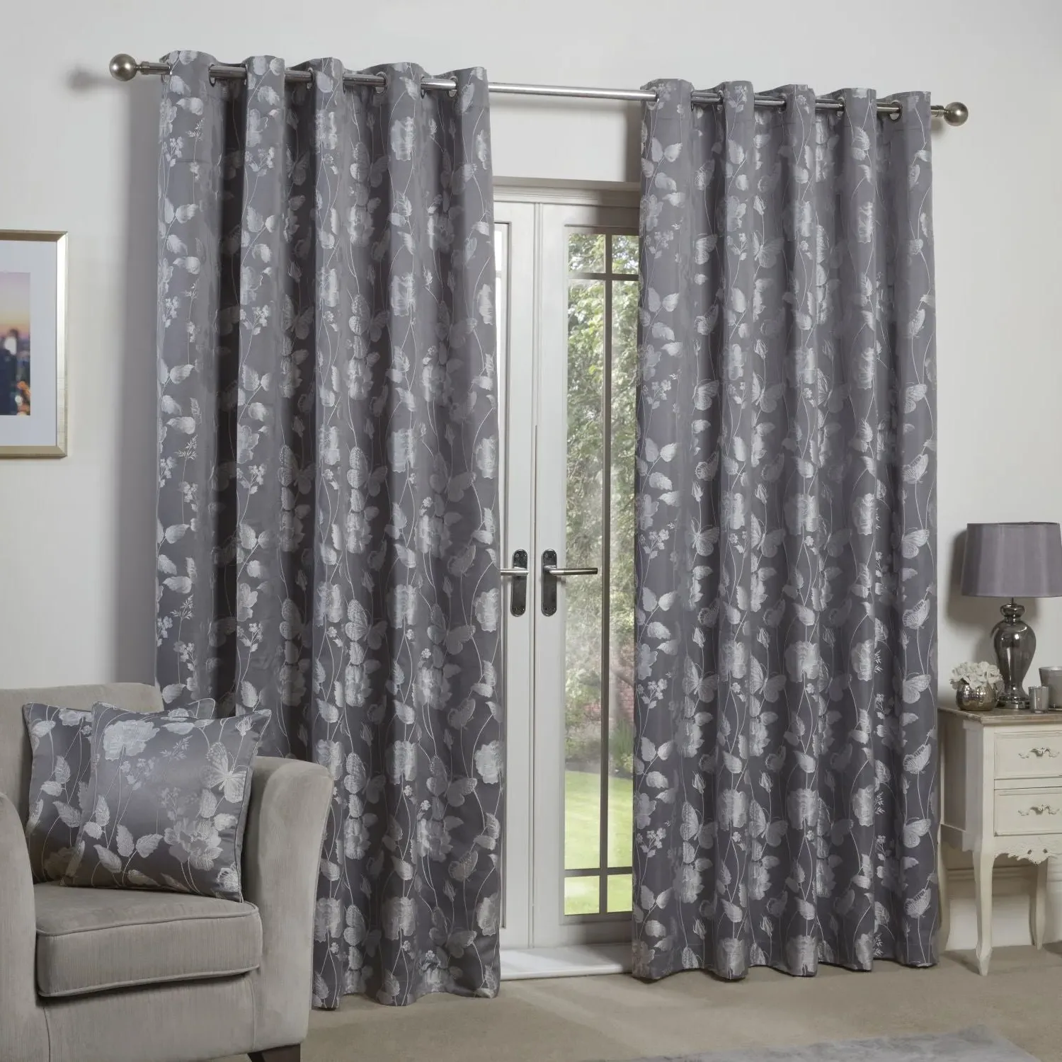 Lined Eyelet Curtains with Butterfly Design - Grey