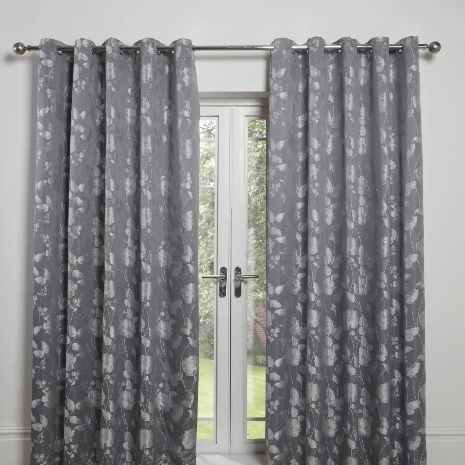 Lined Eyelet Curtains with Butterfly Design - Grey