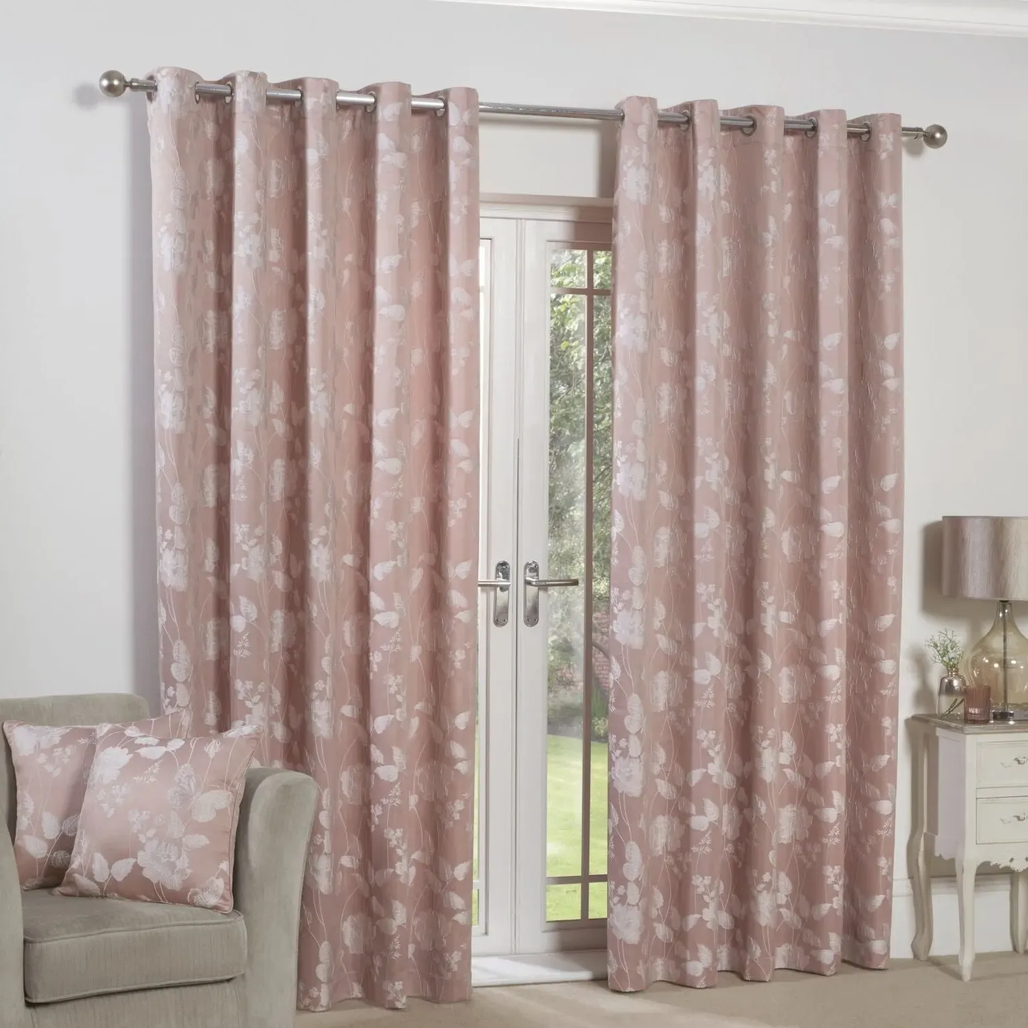 Lined Eyelet Curtains with Butterfly Design - Pink