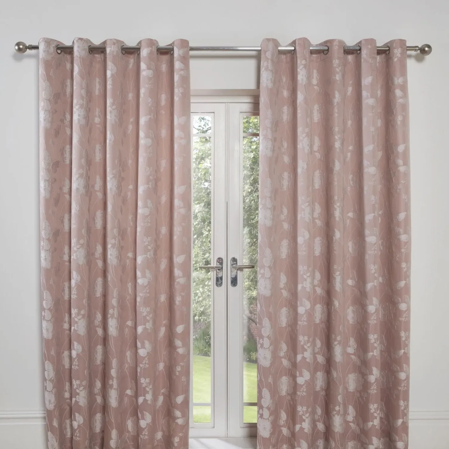 Lined Eyelet Curtains with Butterfly Design - Pink