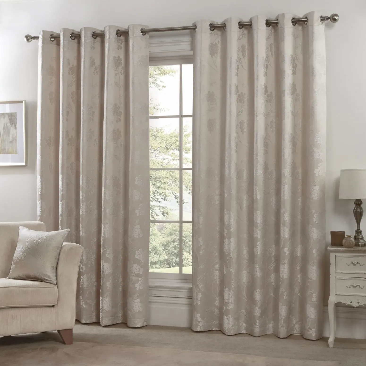 Lined Eyelet Curtains with Floral Design - Cream