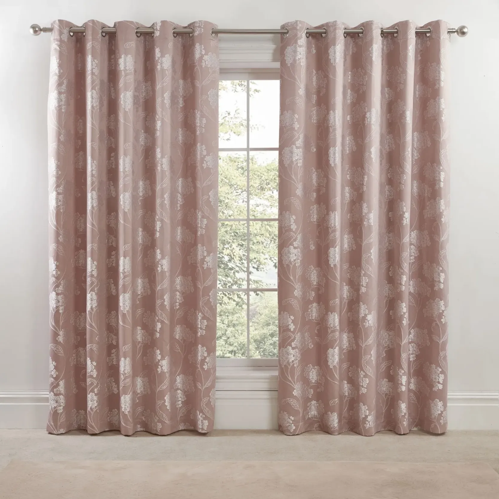 Lined Eyelet Curtains with Floral Design - Pink