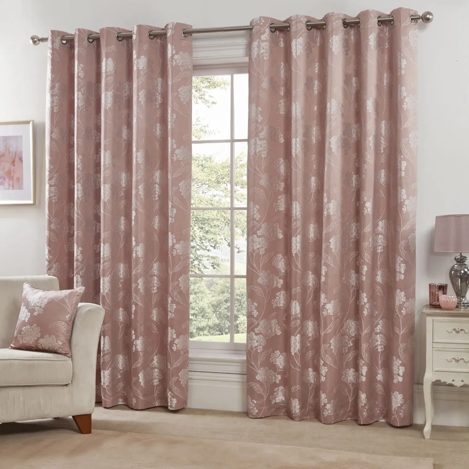 Lined Eyelet Curtains with Floral Design - Pink