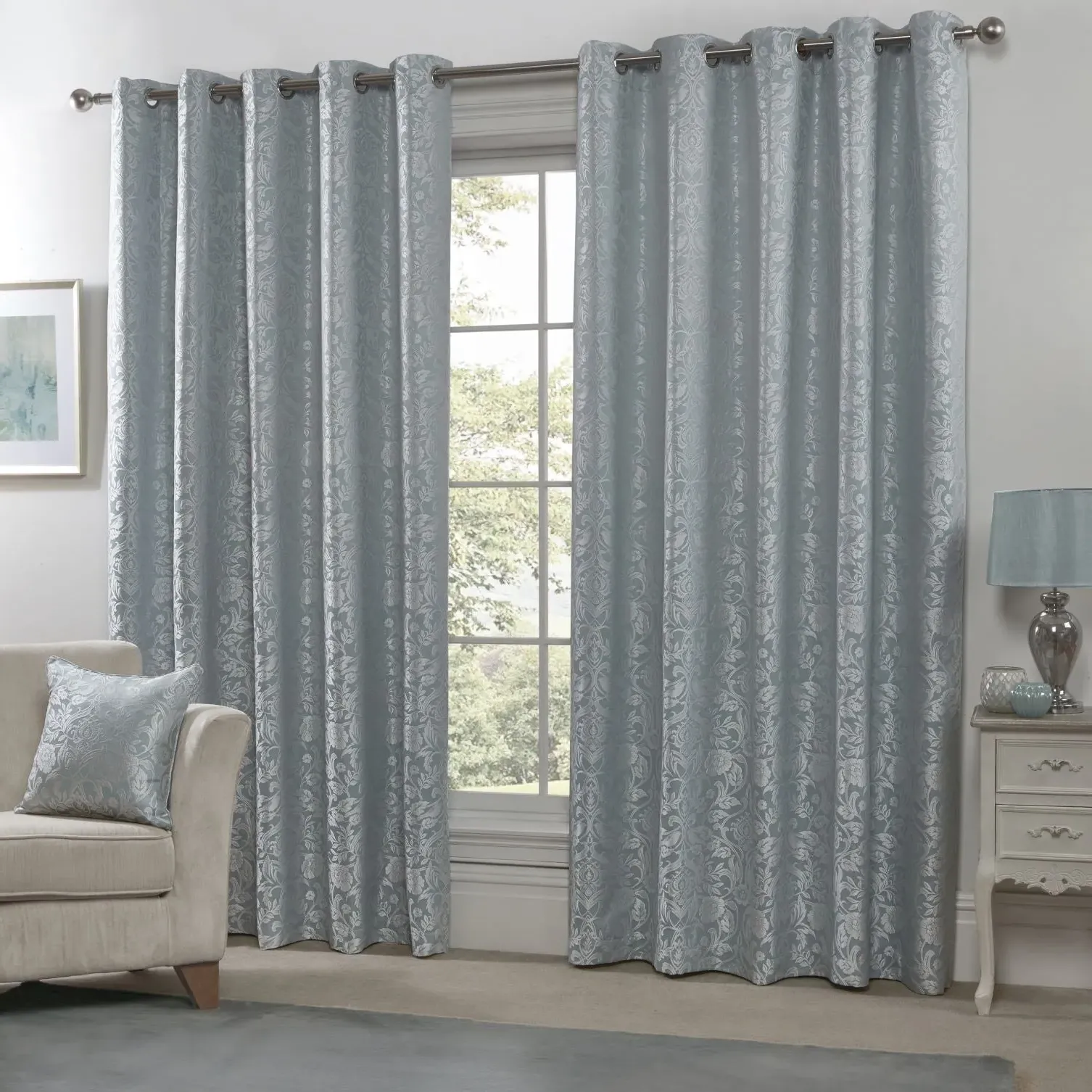 Lined Eyelet Curtains with Jacquard - Duck Egg