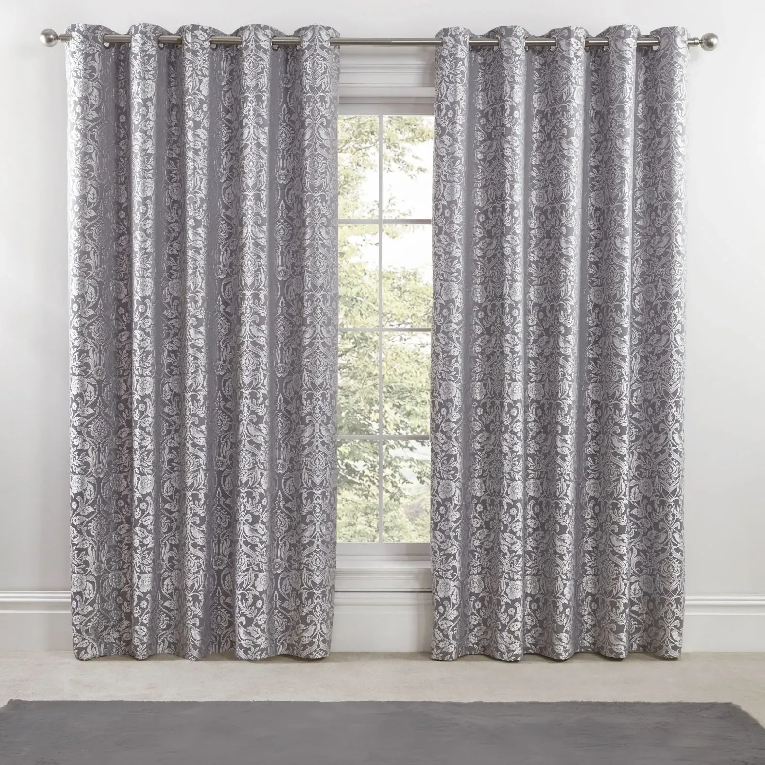 Lined Eyelet Curtains with Jacquard - Grey