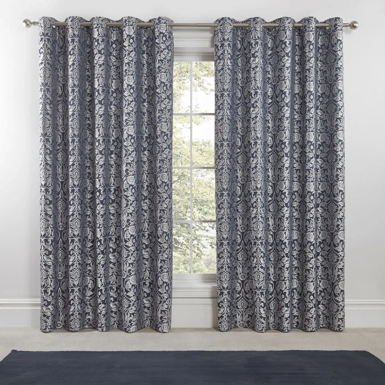 Lined Eyelet Curtains with Jacquard - Navy