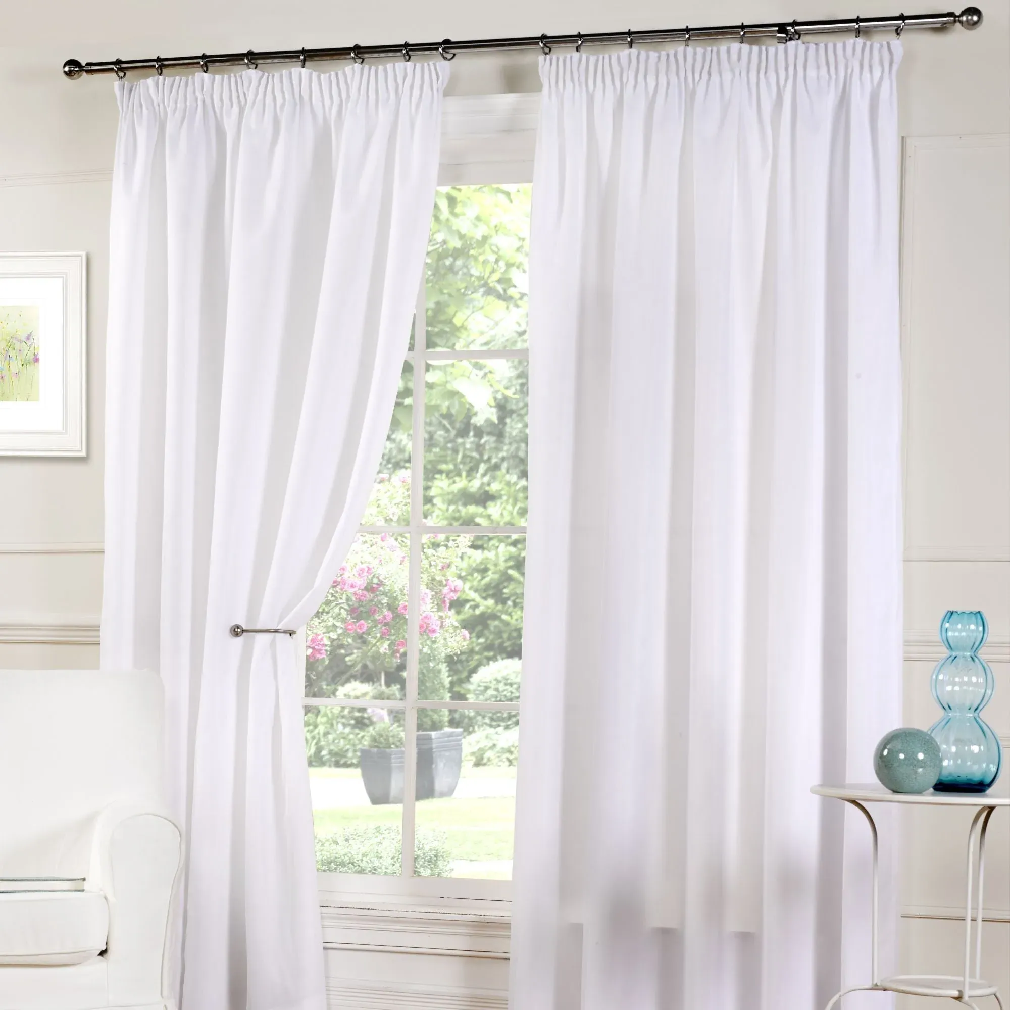 Lined Pencil Pleat Voile Curtains - White