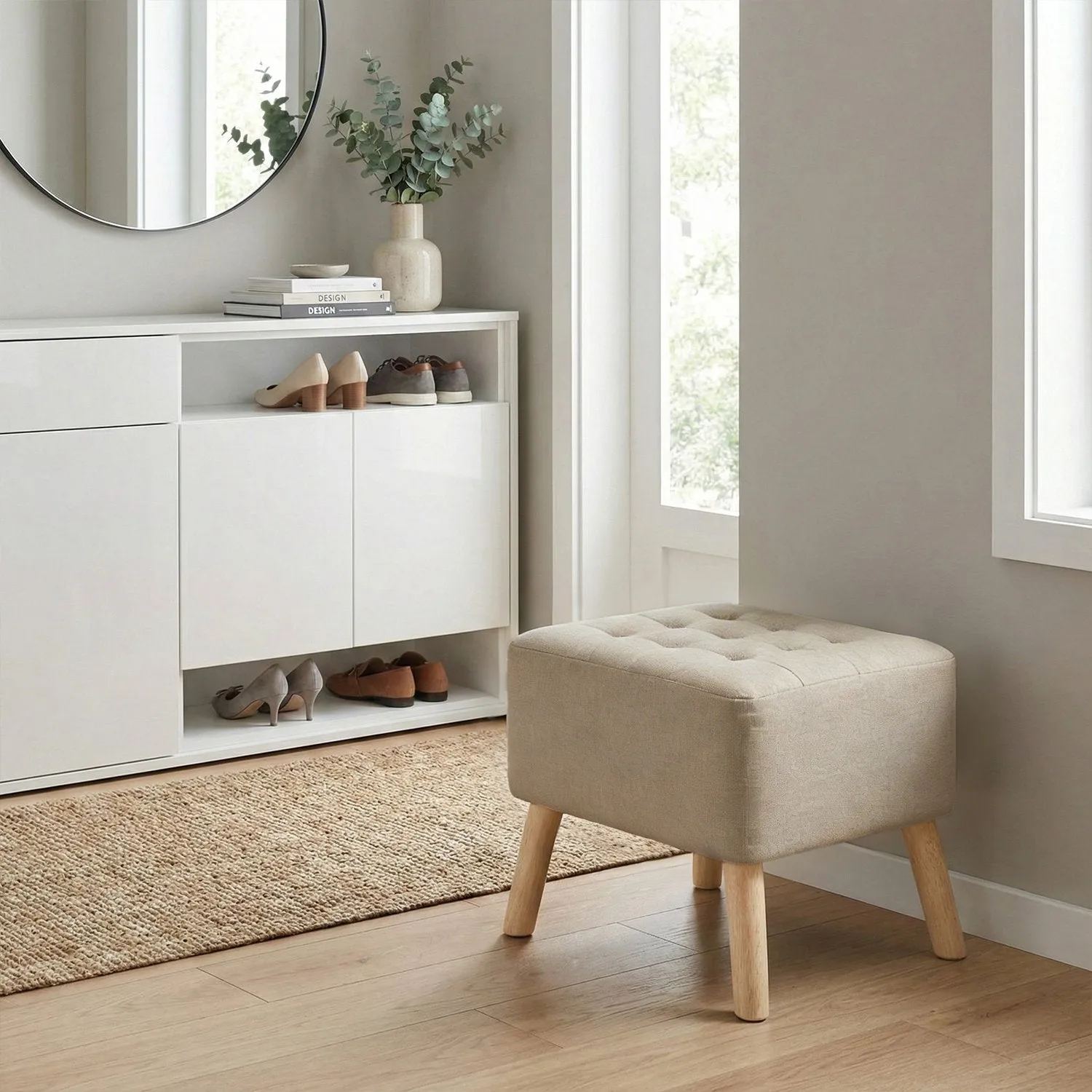 Linen Fabric Footstool - Beige, Wood by Julian Charles, alternate view