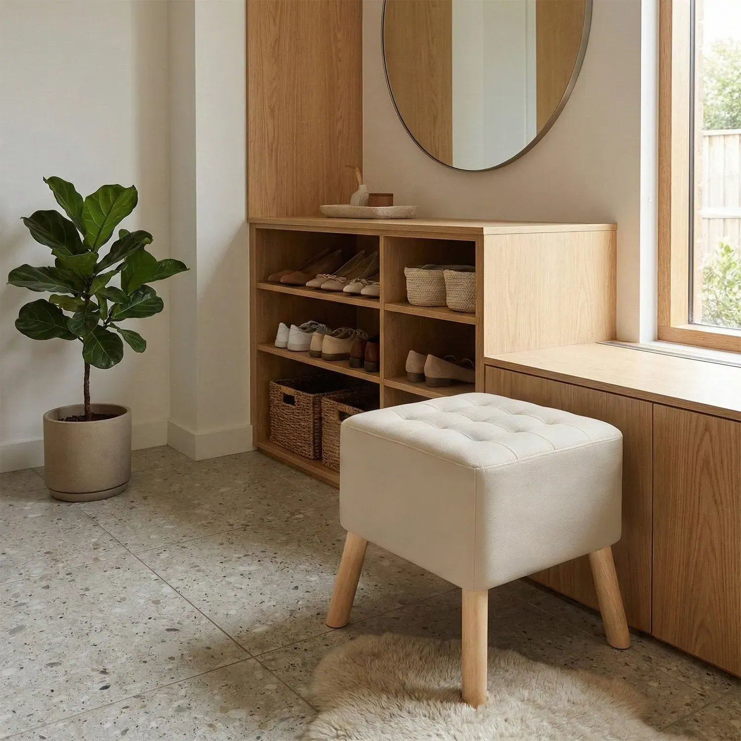 Linen Fabric Footstool - Beige, Wood by Julian Charles