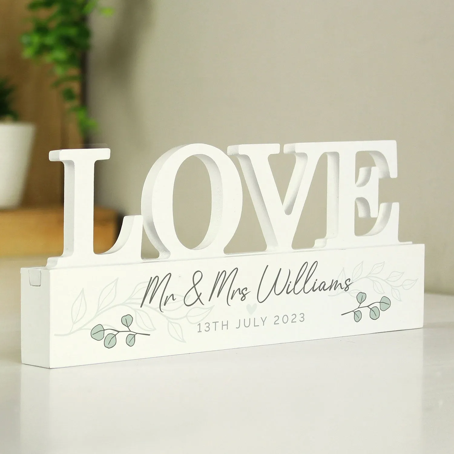 Love Ornament with Botanical Design - White, Wood