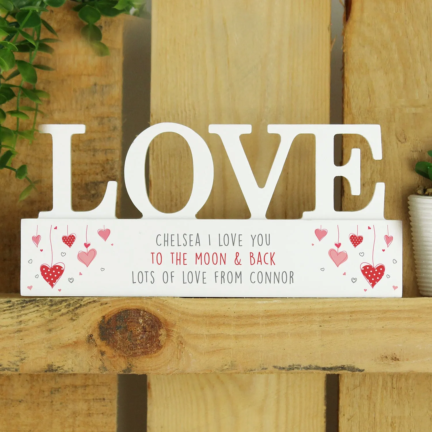 Love Ornament with Red Hearts - White, Wood