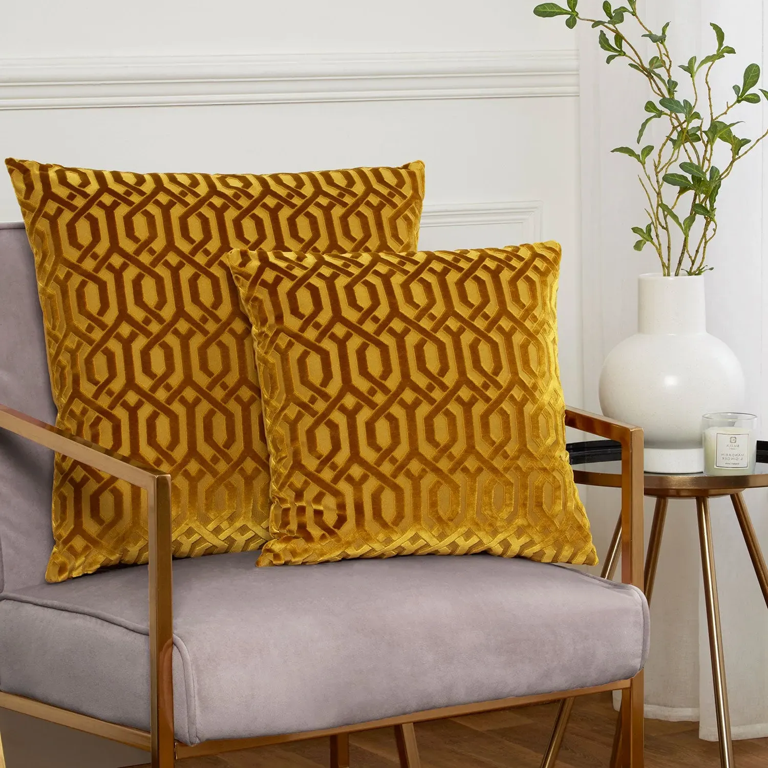 Mayfair Square Cushion Geometric Cut Velvet - Yellow Ochre alternate view