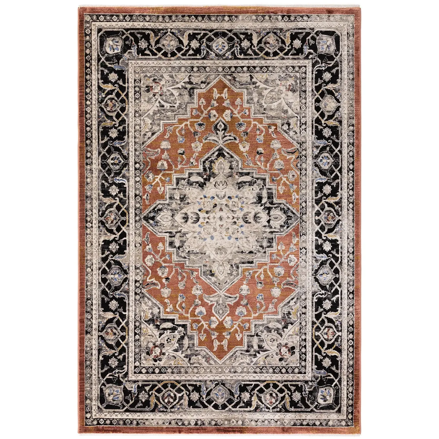 Medallion Area Rug with Distressed Effect - Orange