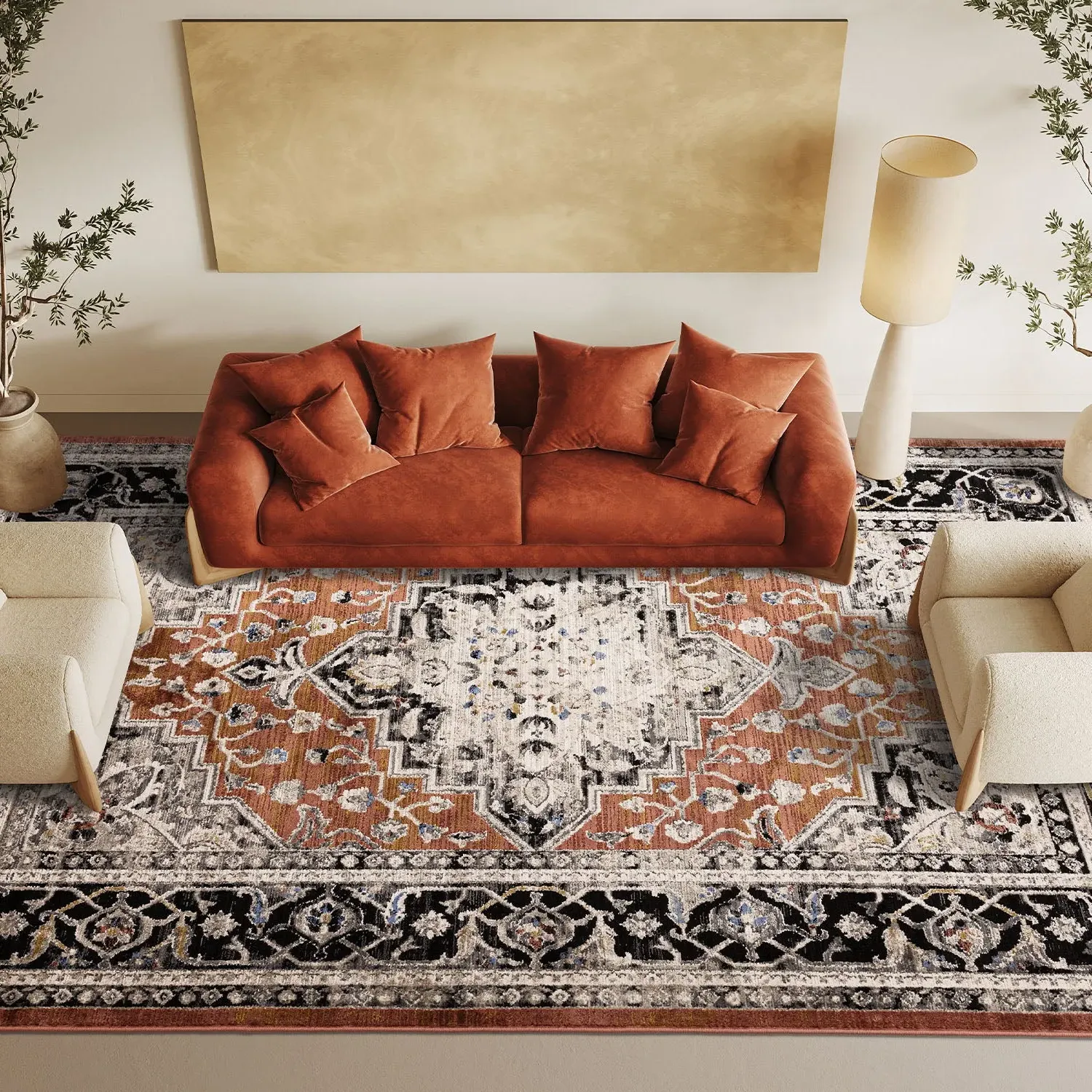 Medallion Area Rug with Distressed Effect - Orange image
