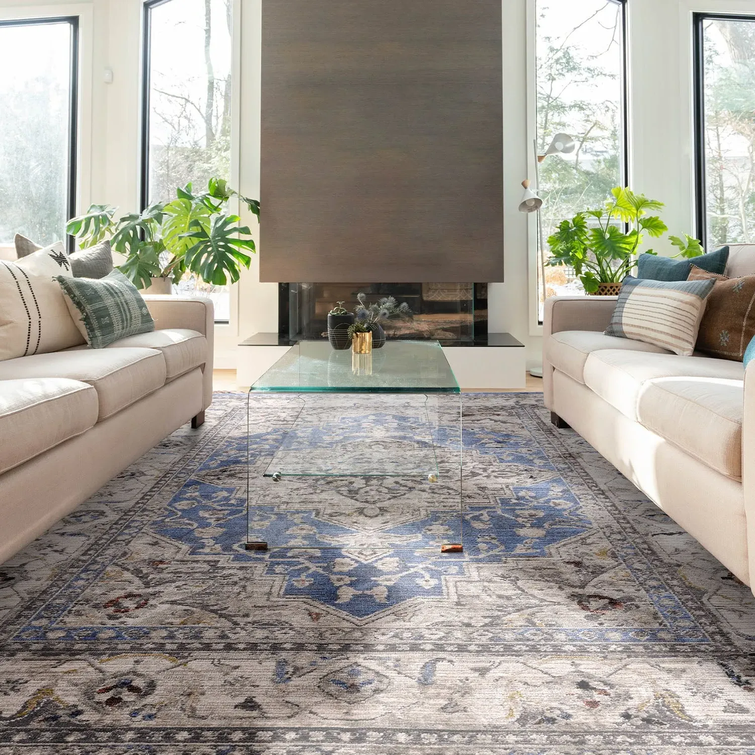 Medallion Rug with Distressed Effect - Blue image