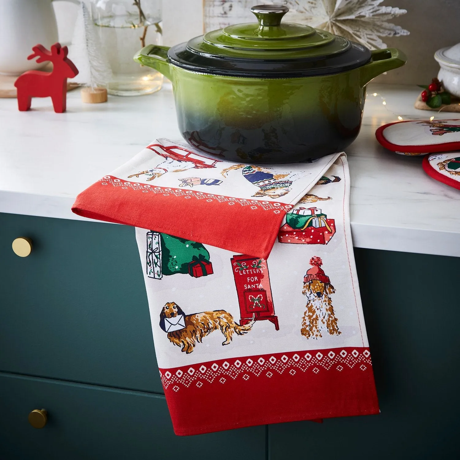 Merry Mutts Christmas Tea Towel - Red, Cotton by Julian Charles, image 2