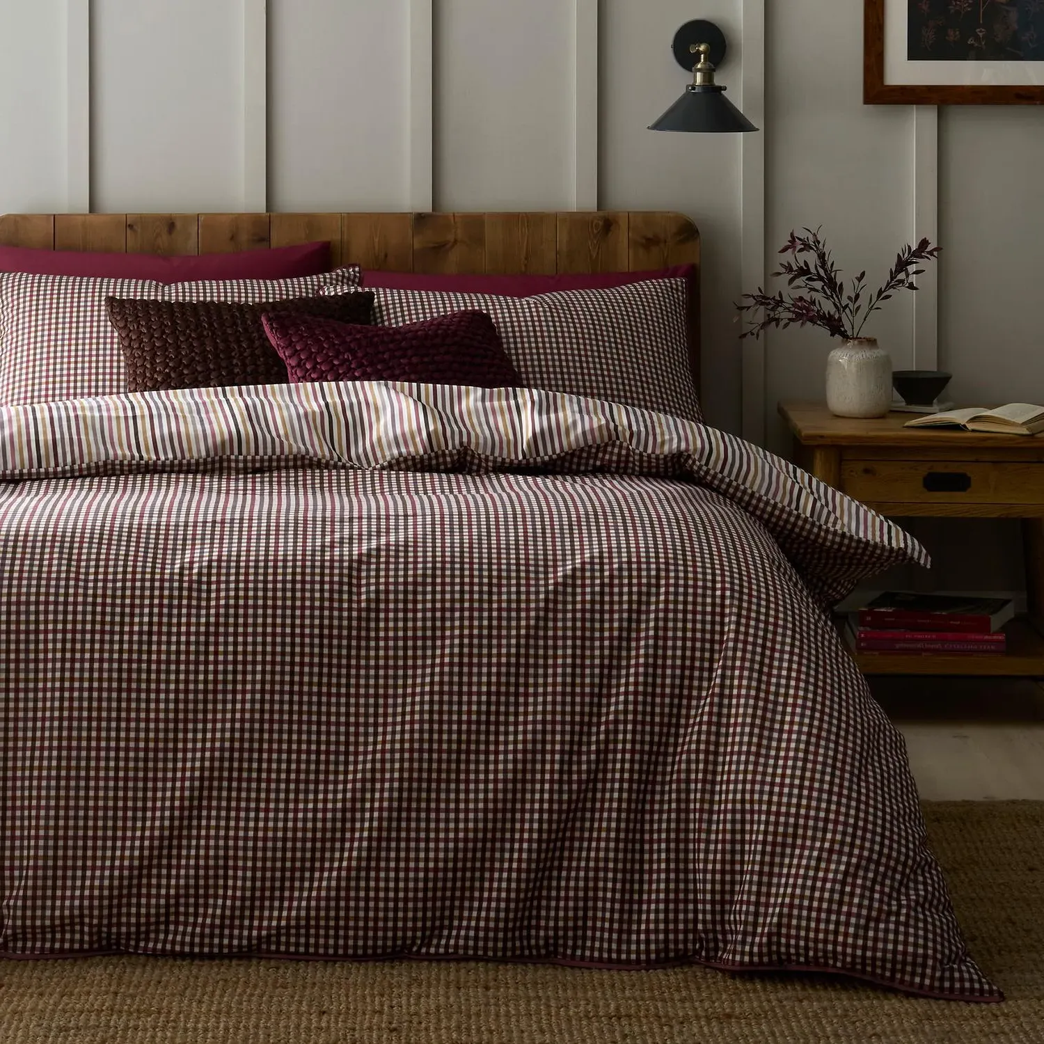 Micro Check Double Duvet Set - Red, Cotton by Julian Charles
