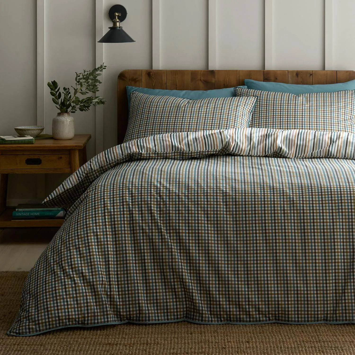 Micro Check Double Reversible Duvet Set - Green, Cotton by Julian Charles, alternate view