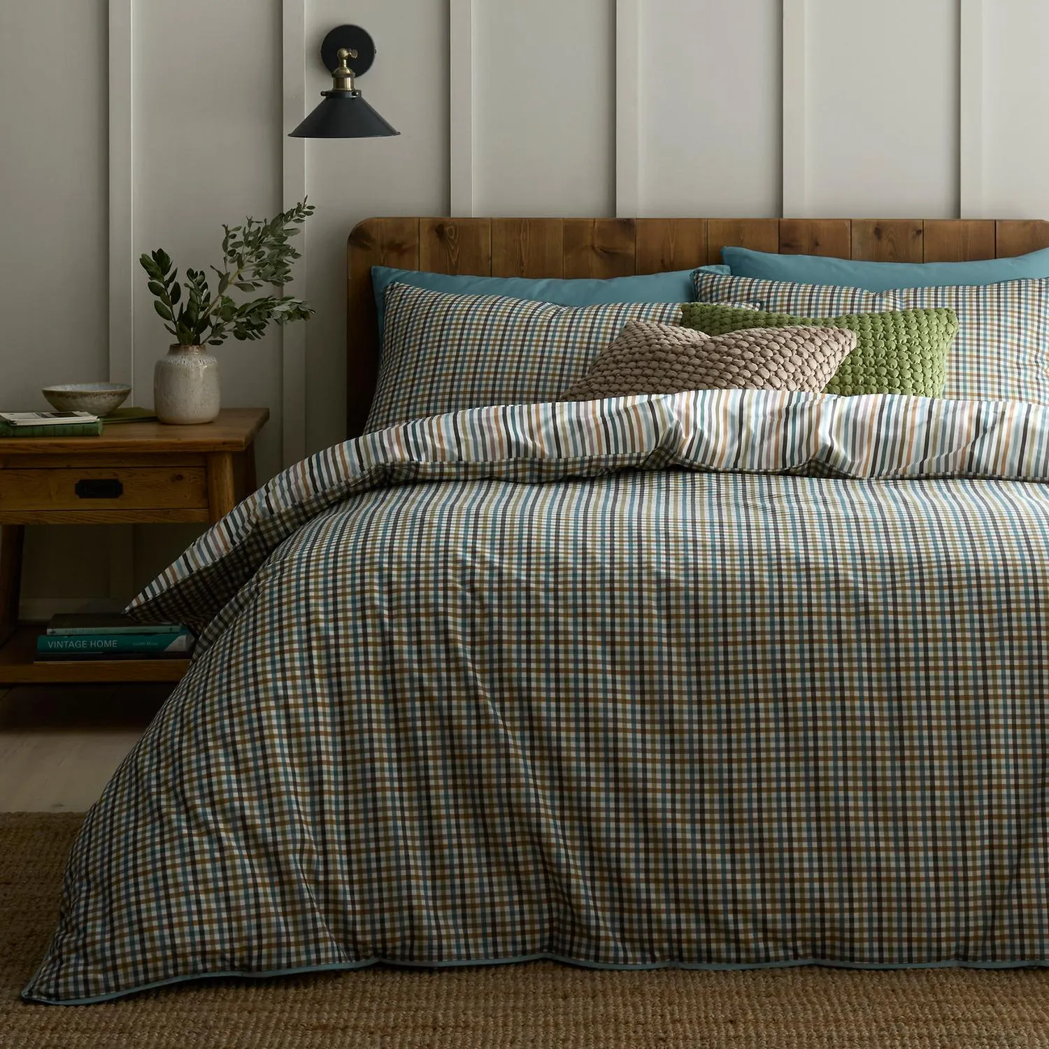 Micro Check King Size Reversible Duvet Set - Green, Cotton by Julian Charles