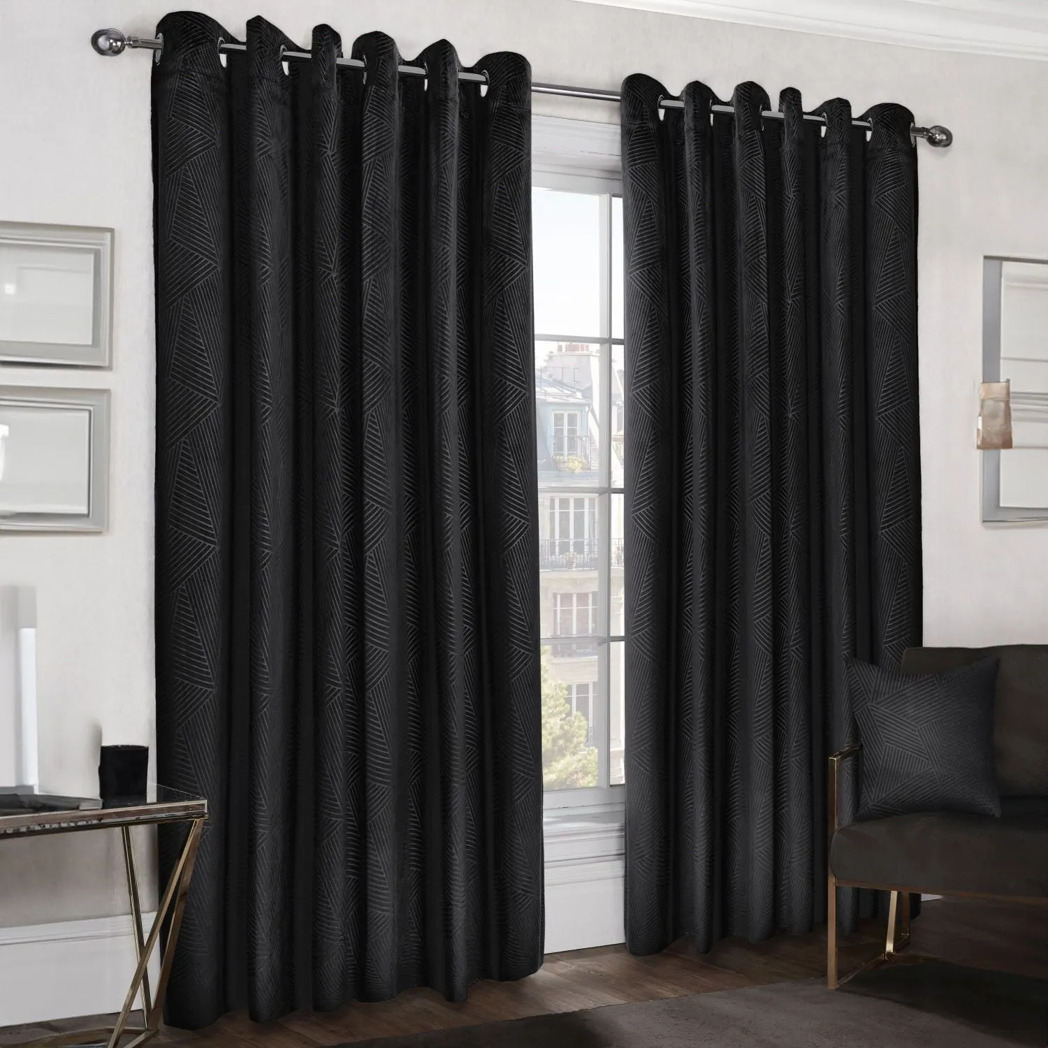 Midnight Embossed Velvet Thermal Blackout Eyelet Curtains - Black product