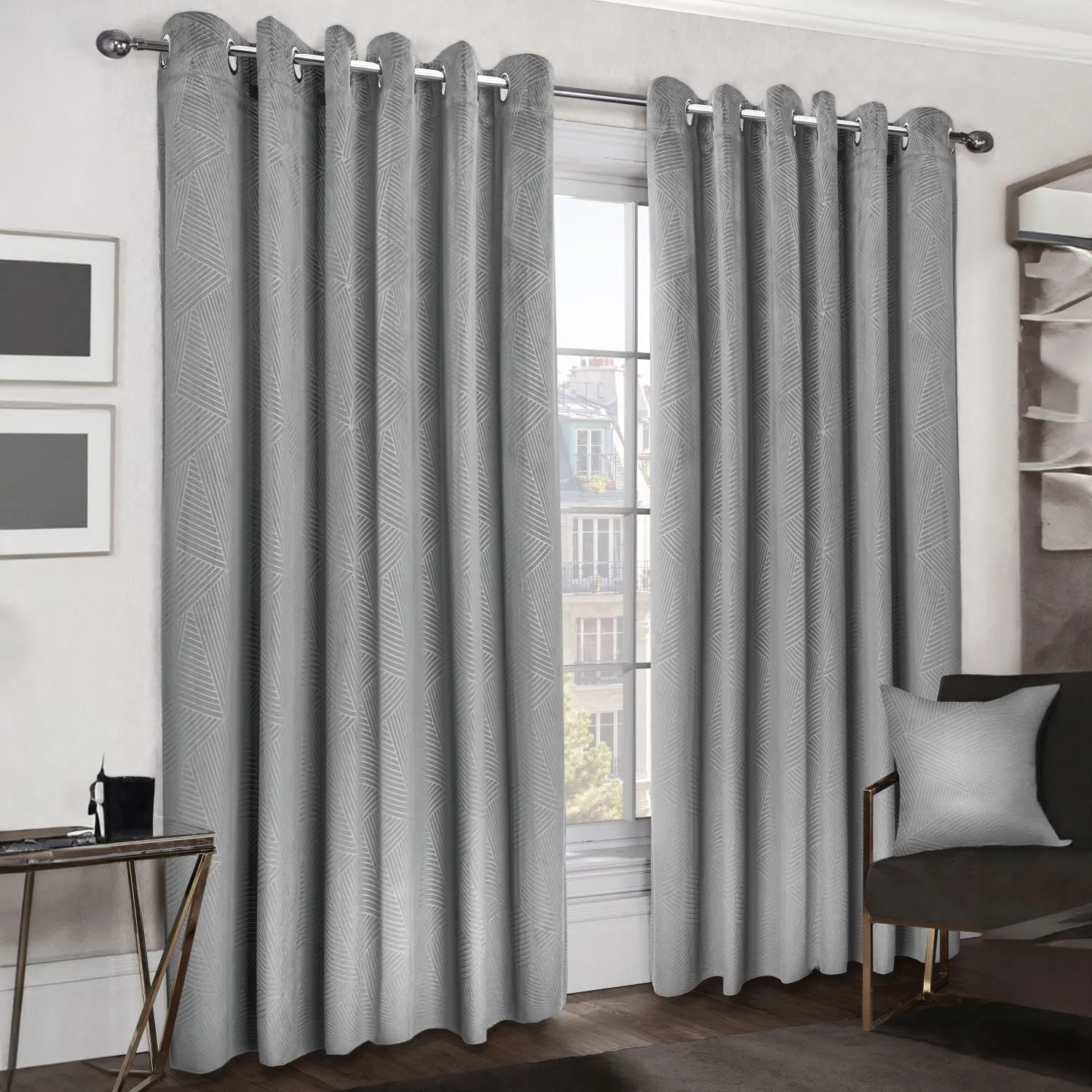 Midnight Silver Embossed Velvet Blackout Eyelet Curtains - Grey product