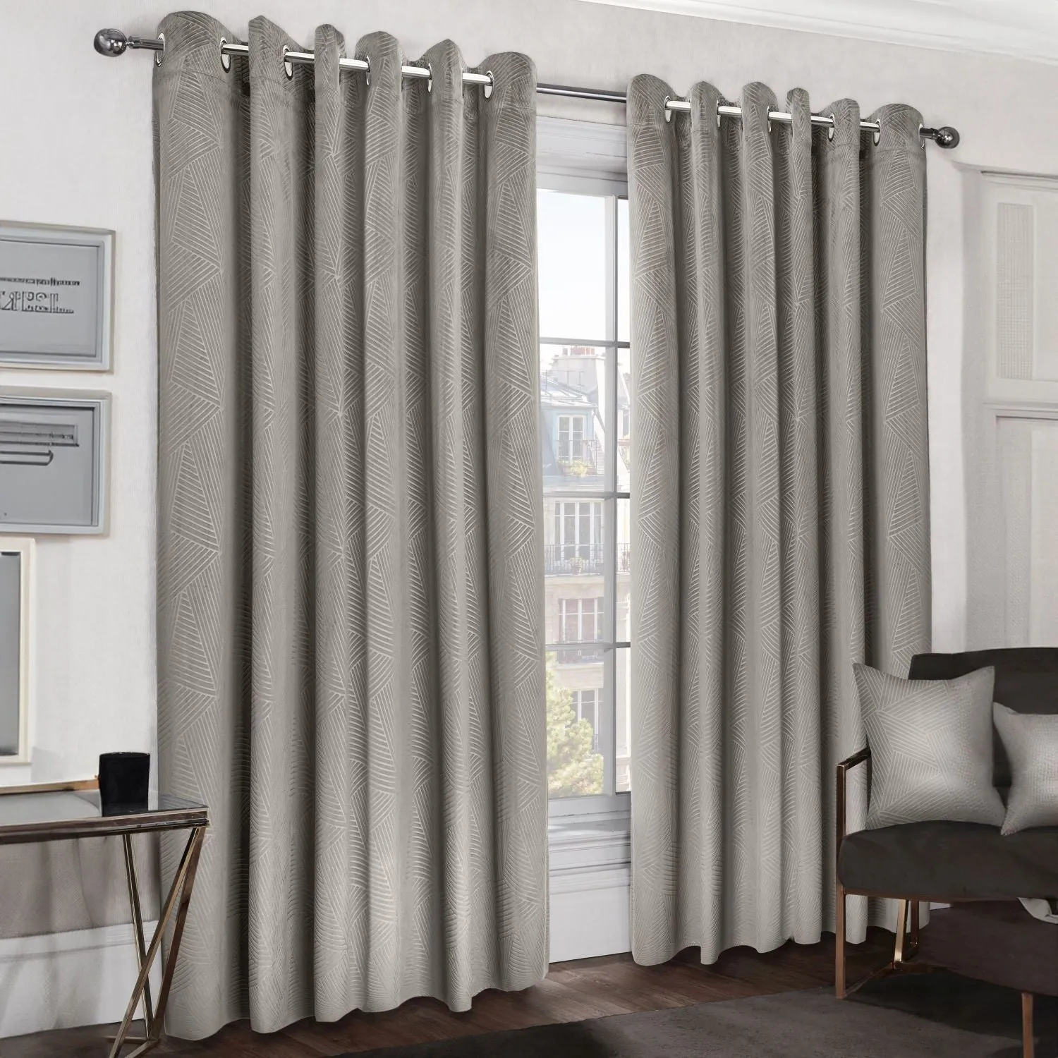 Midnight Stone Embossed Velvet Blackout Eyelet Curtains - Natural product