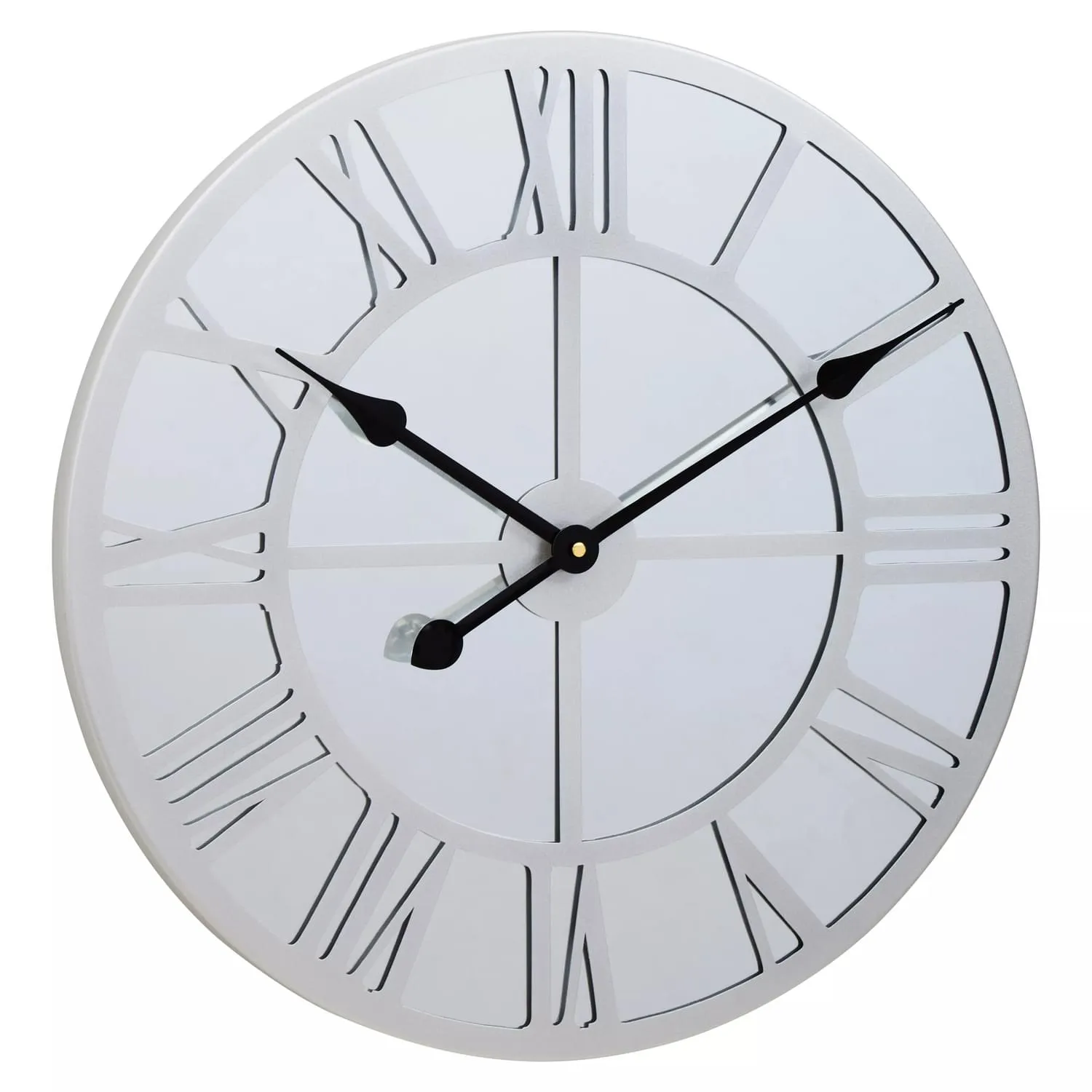 Mirrored Wall Clock Skeleton Design - Silver, Metal