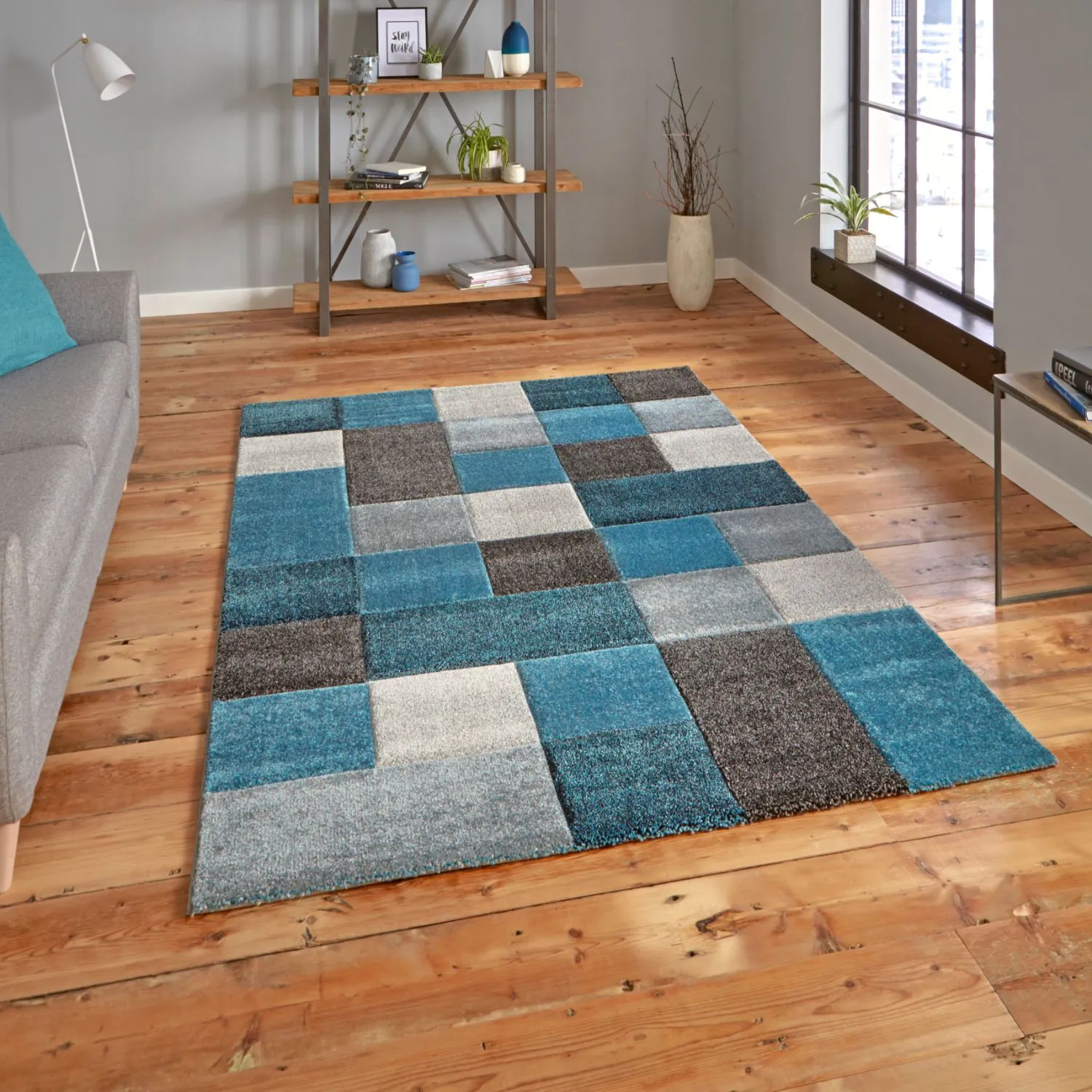 Modern Geometric Rug with Hand-Carved Design - Blue