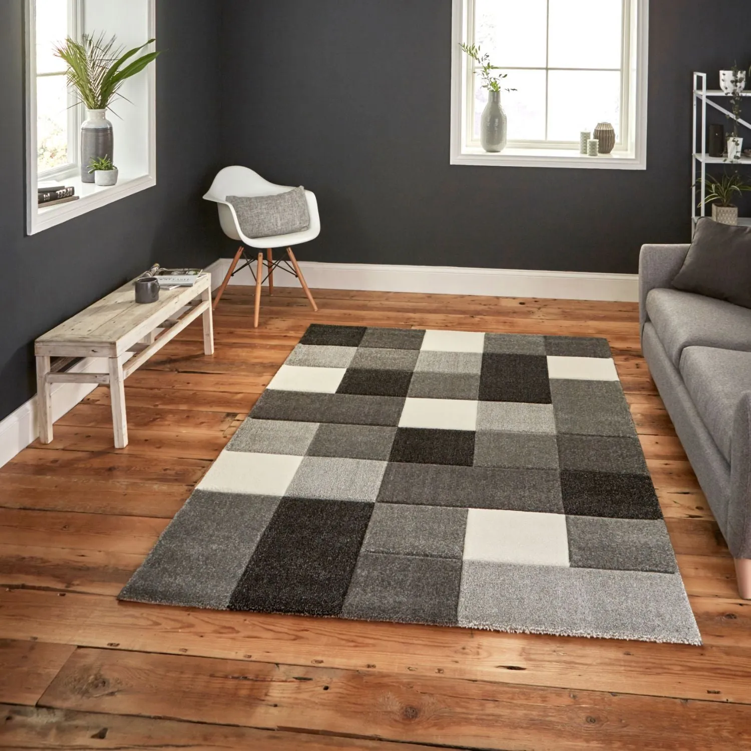 Modern Geometric Rug with Hand-Carved Design - Grey