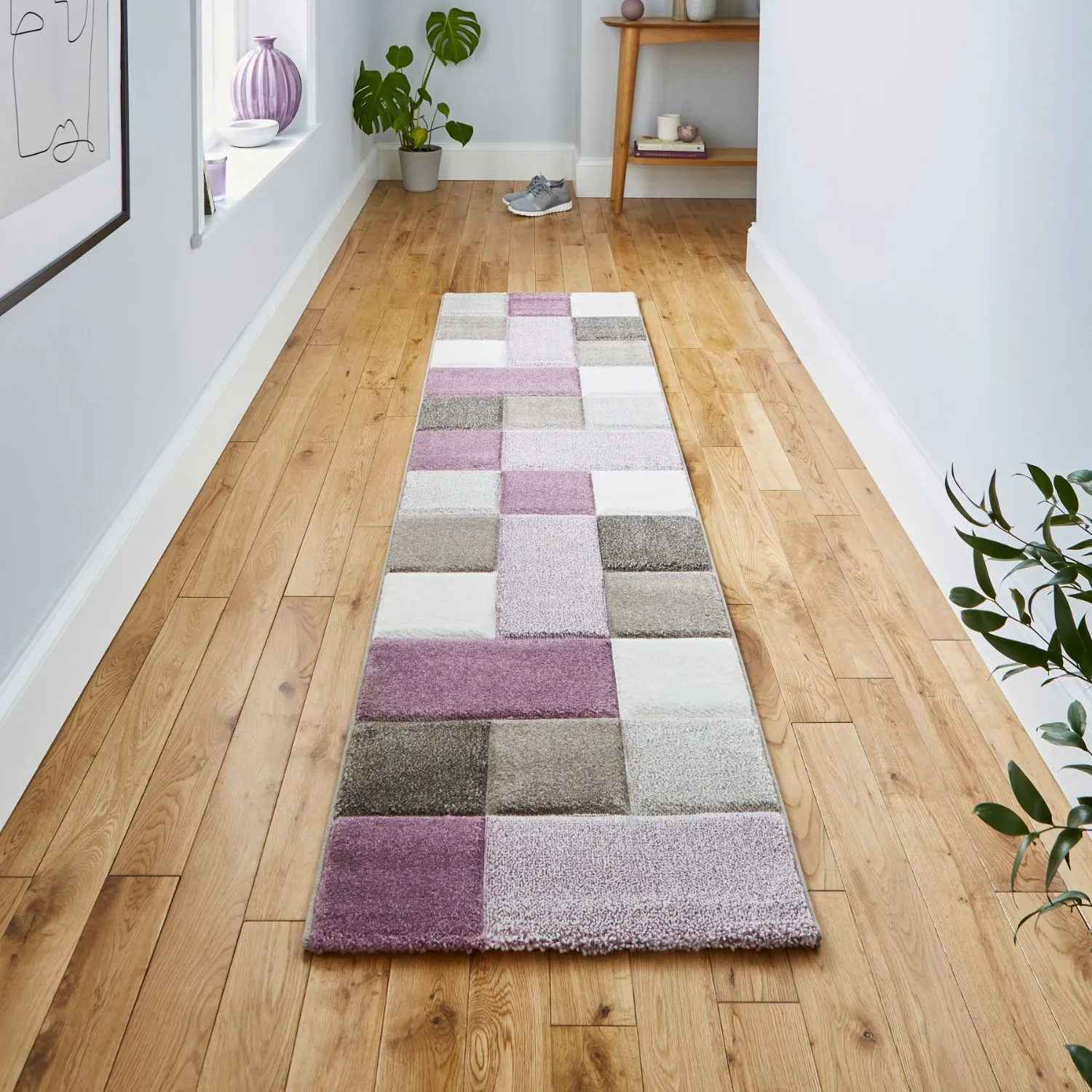 Modern Geometric Runner with Hand-Carved Design - Beige