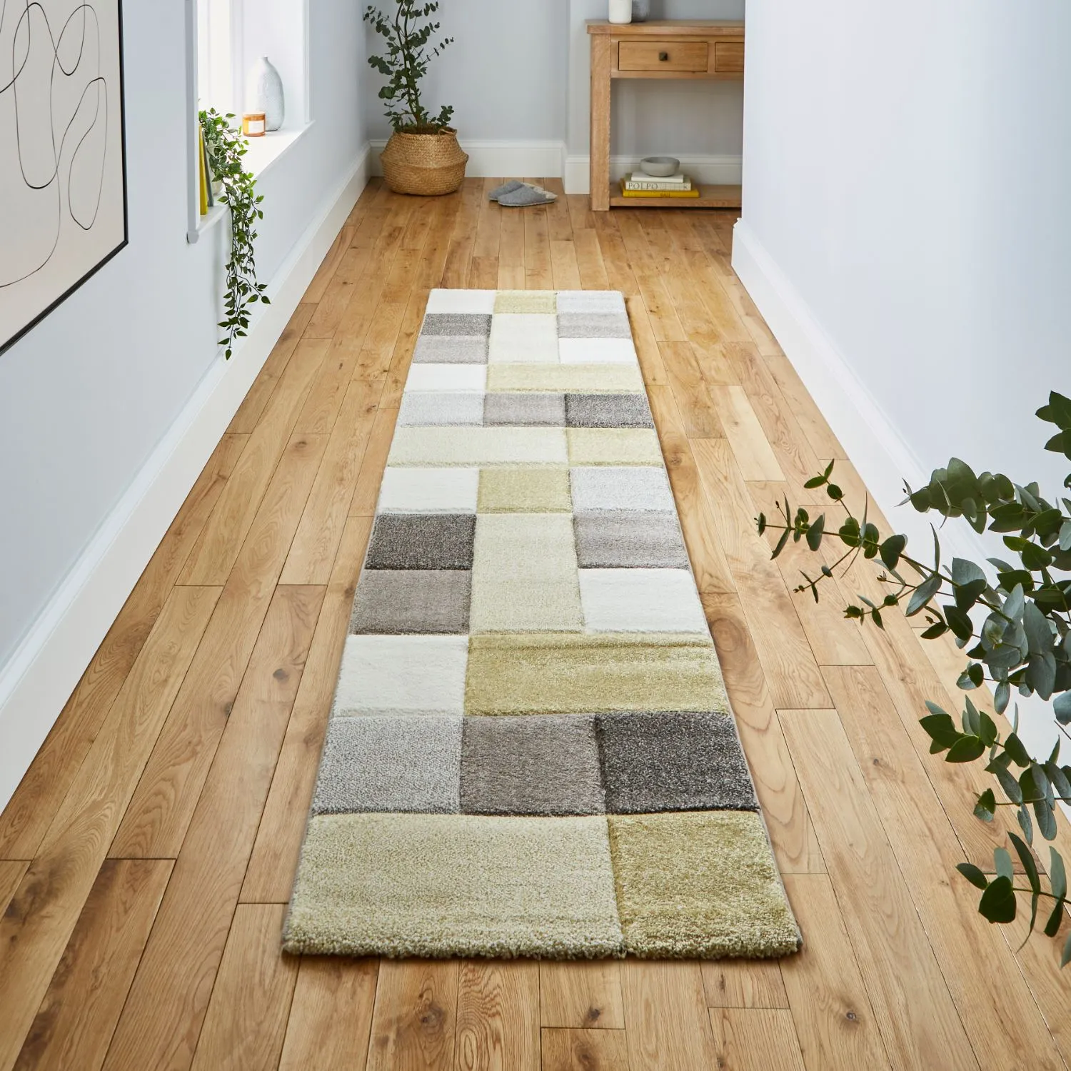Modern Geometric Runner with Hand-Carved Design - Beige