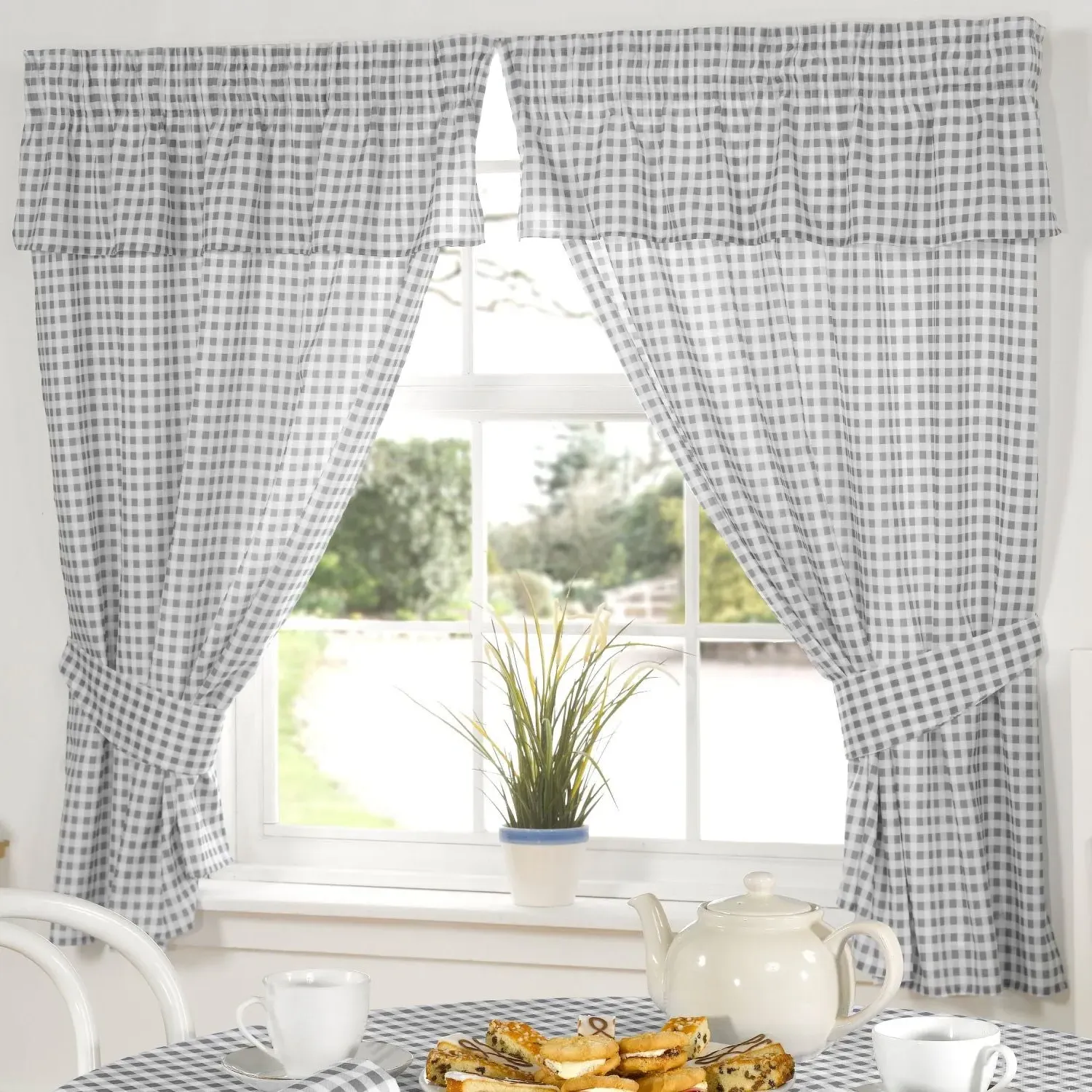 Molly Gingham Pencil Pleat Curtains with Pelmet Header - Charcoal Grey product